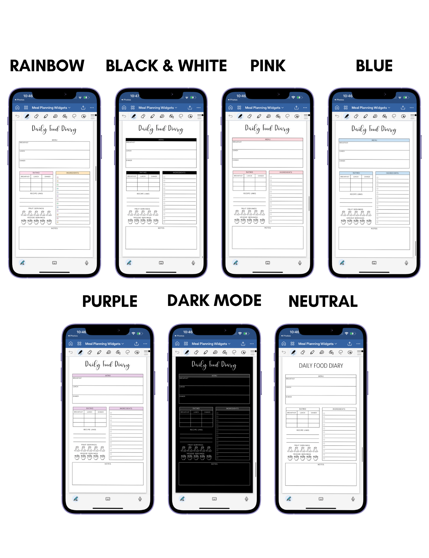 Digital Phone Planner Meal Planner Widgets