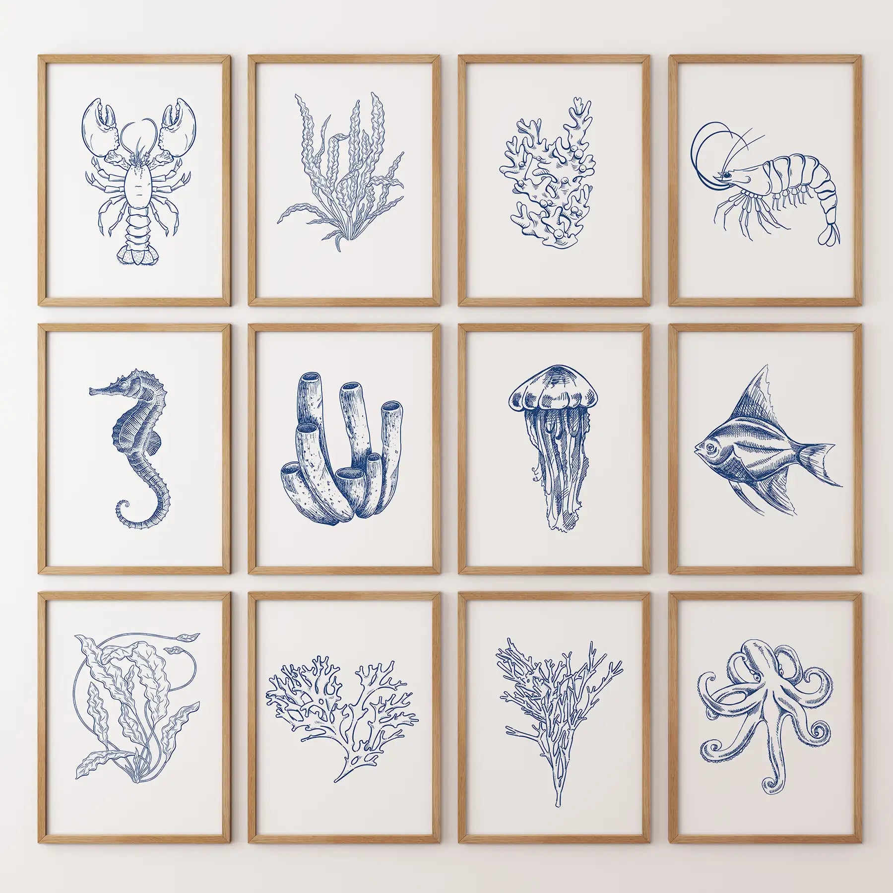 Nautical Modern Marine Life Wall Art. Navy Blue Set of 12