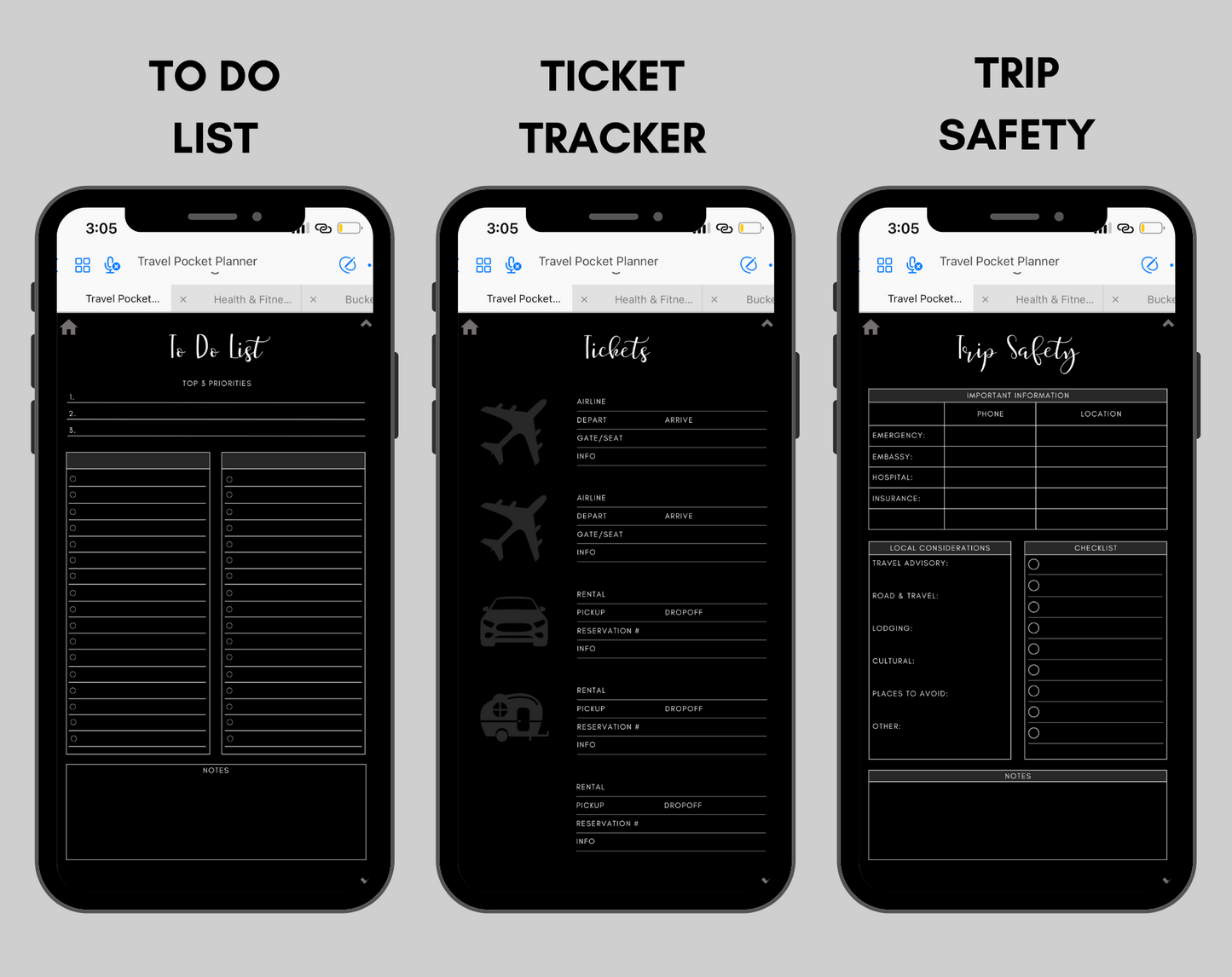 Digital Travel Phone Planner Dark Mode