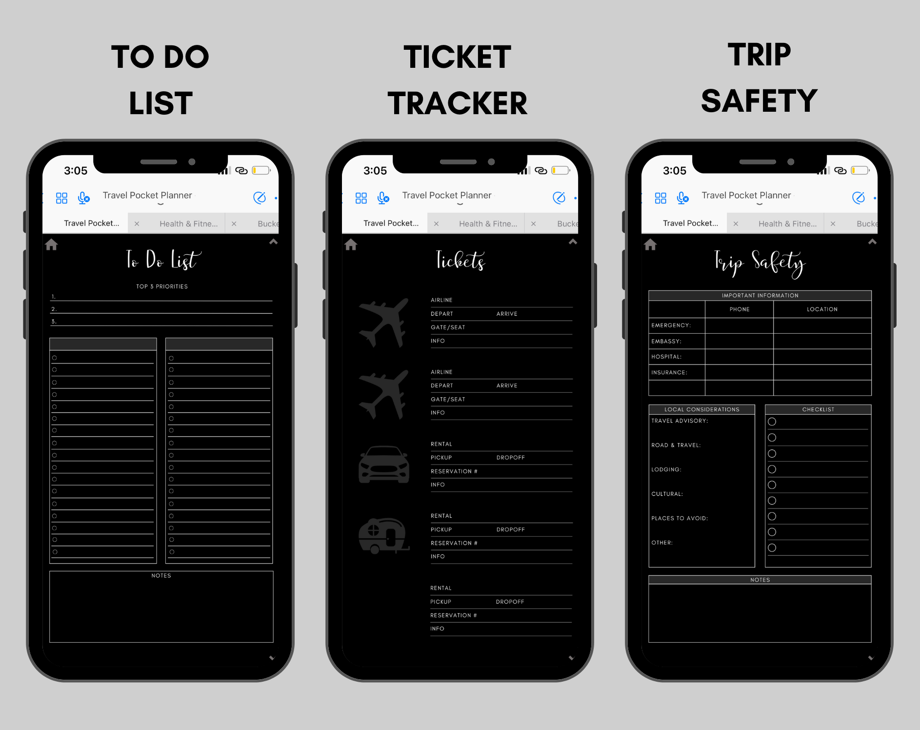 Digital Travel Phone Planner Dark Mode