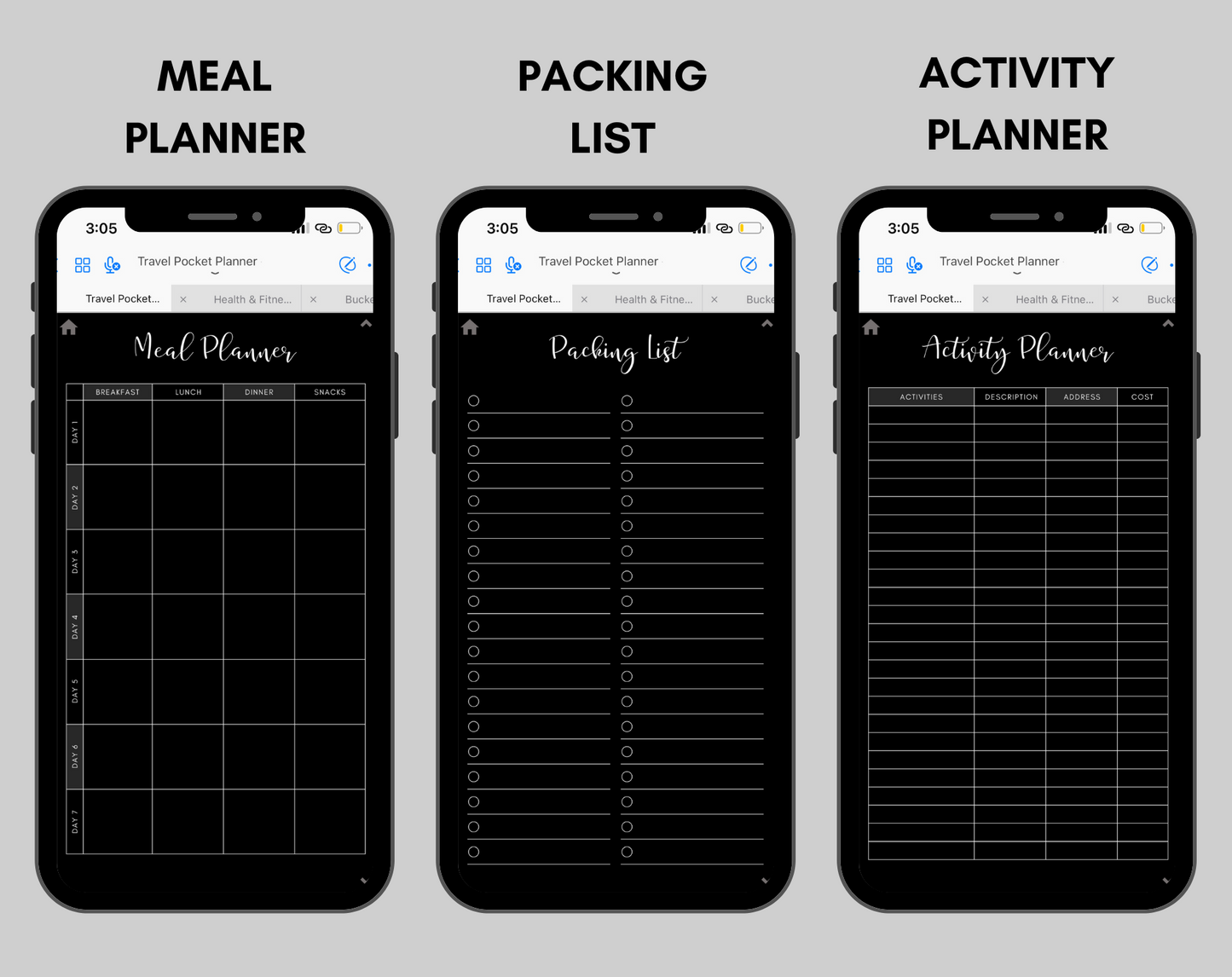 Digital Travel Phone Planner Dark Mode