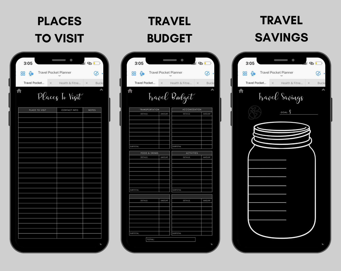 Digital Travel Phone Planner Dark Mode
