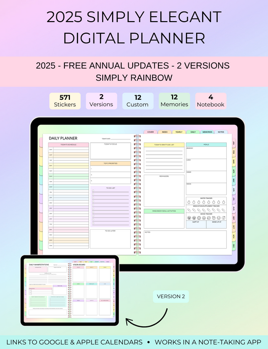 2025 Simply Elegant Digital Planner in Rainbow