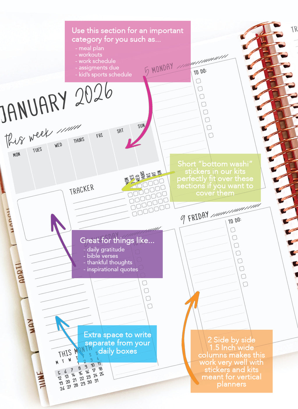 2026 Planner - Signature Layout, Spiral Bound - "Candy stripe" (#207)
