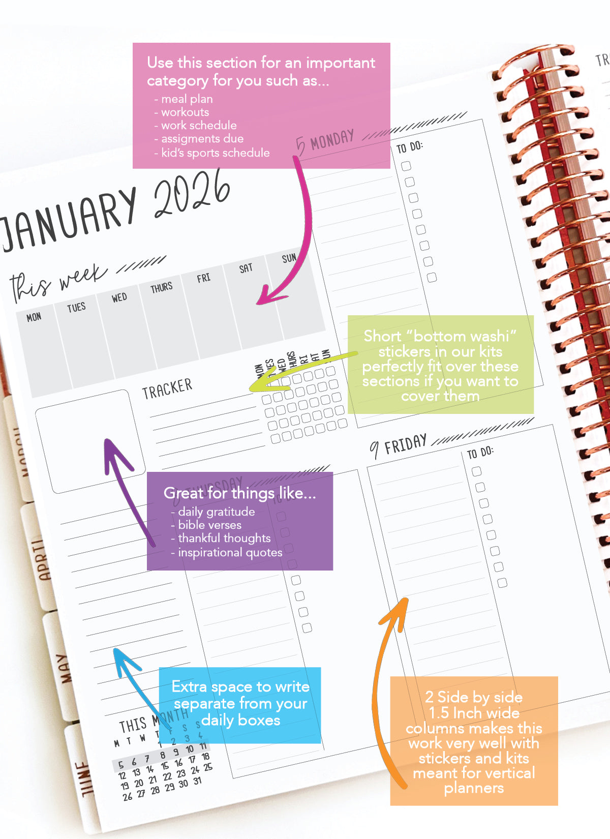 2026 Planner - Signature Layout, Spiral Bound - "Candy stripe" (#207)