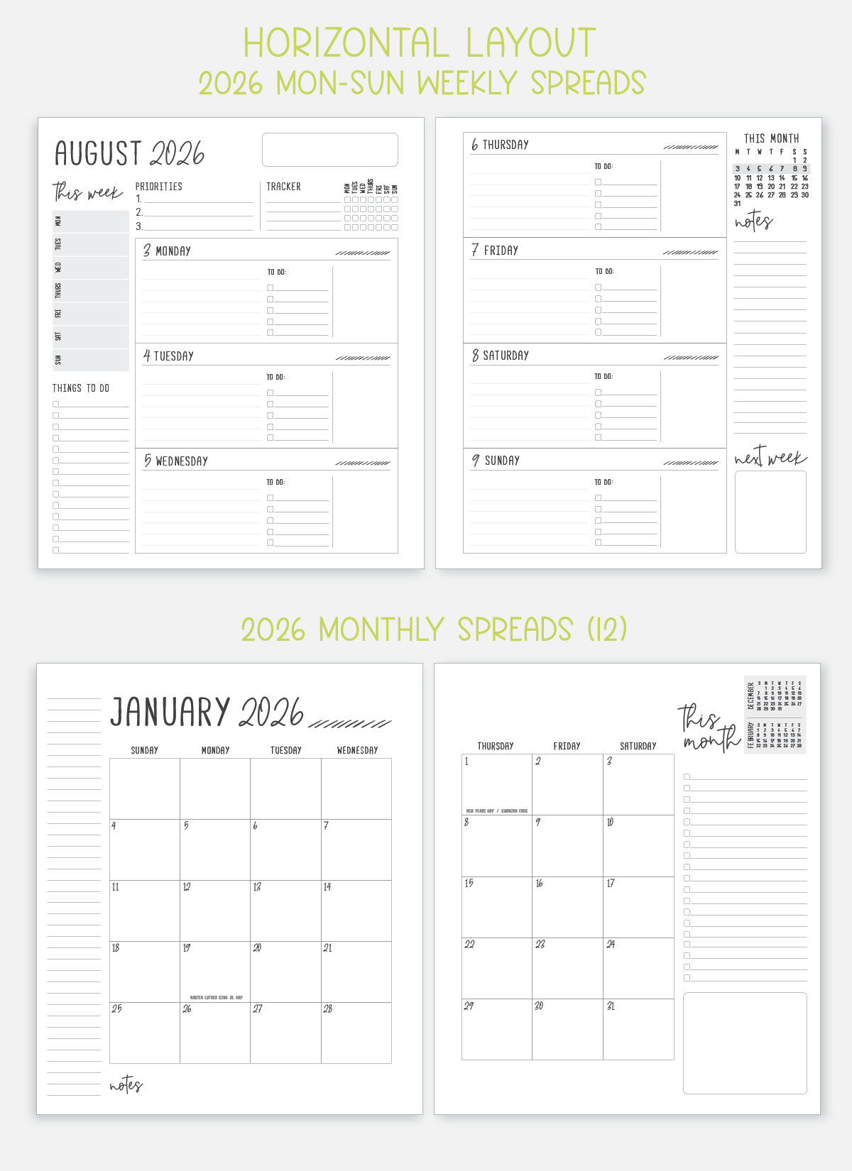 2026 Planner - Horizontal Layout, Spiral Bound - "Teal" (#108)