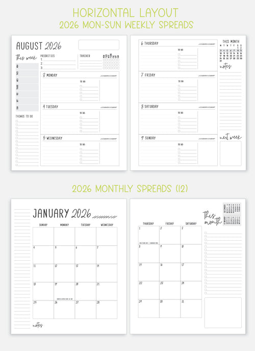2026 Planner - Horizontal Layout, Spiral Bound - "Midnight garden" (#103)