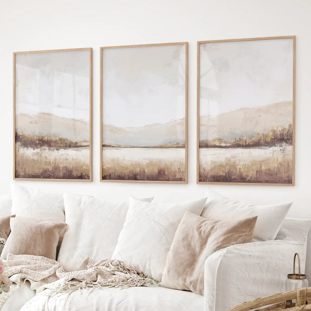 Neutral Beige Brown Landscape Tryptich. Set of 3 Art Prints