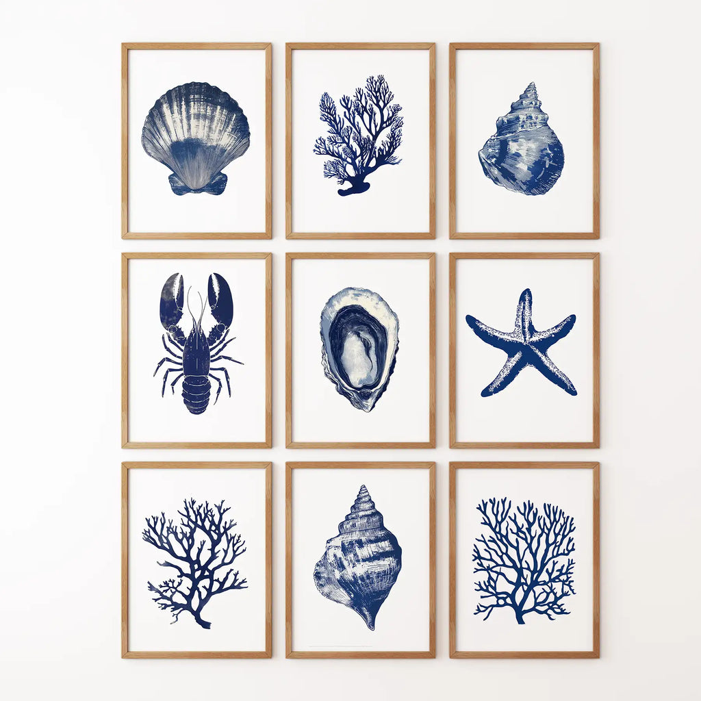 Set of 9 Coastal Prints. Lobster, Starfish, Seaweed, Shell