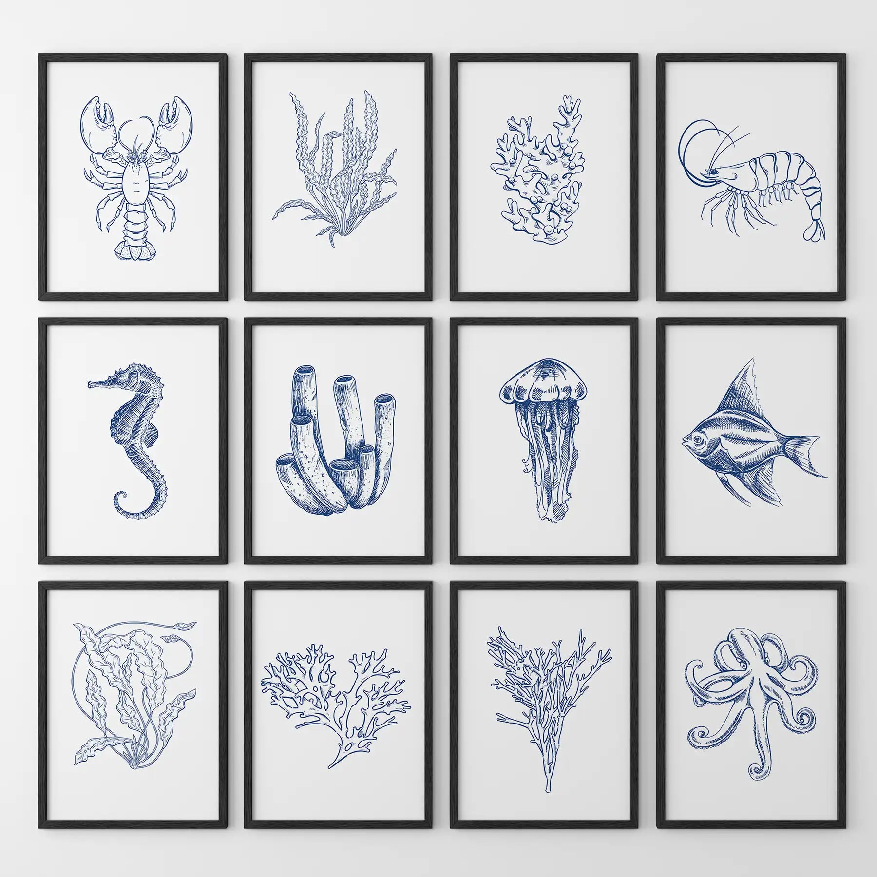 Nautical Modern Marine Life Wall Art. Navy Blue Set of 12