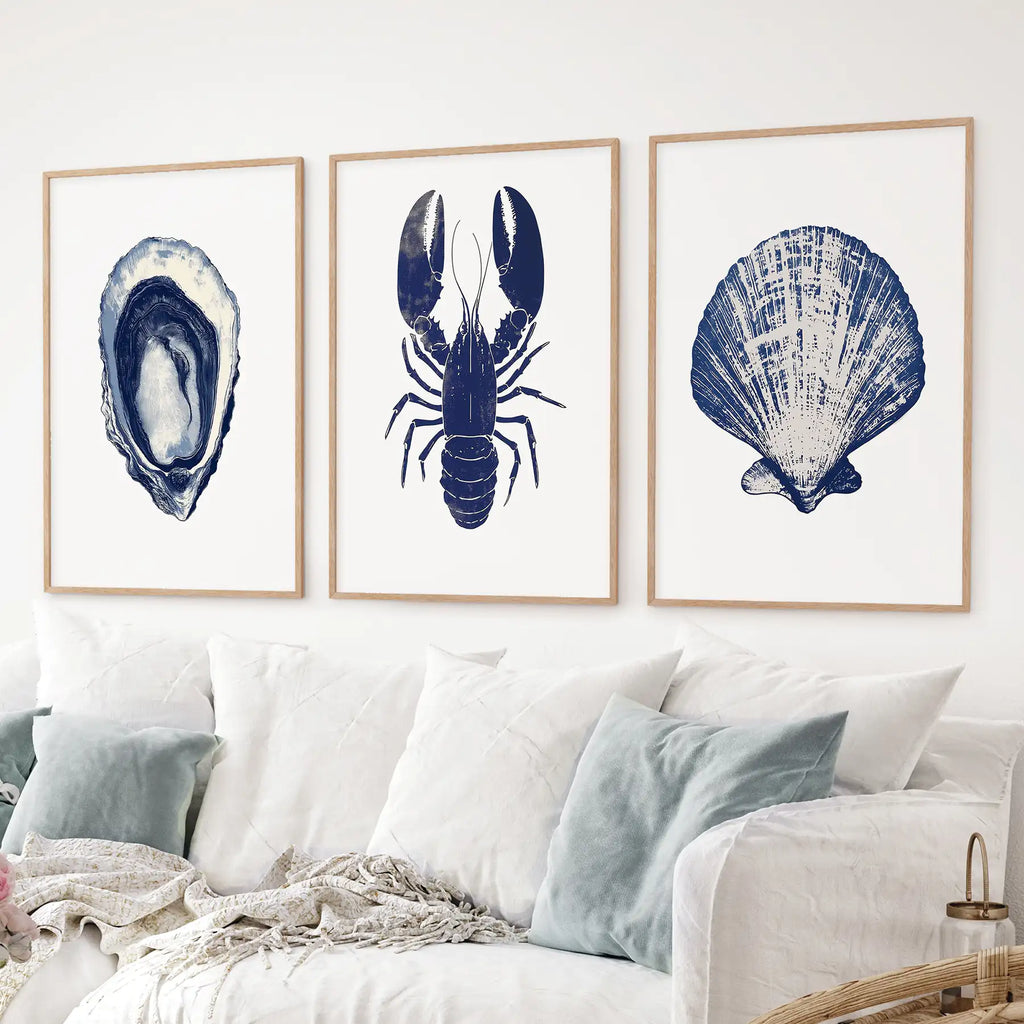 Lobster, Shell Nautical Prints.Coastal Set of 3 Piece