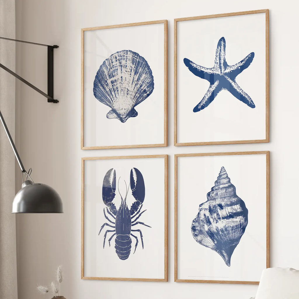 Set of 4 Art Prints. Starfish, Lobster, Seashell