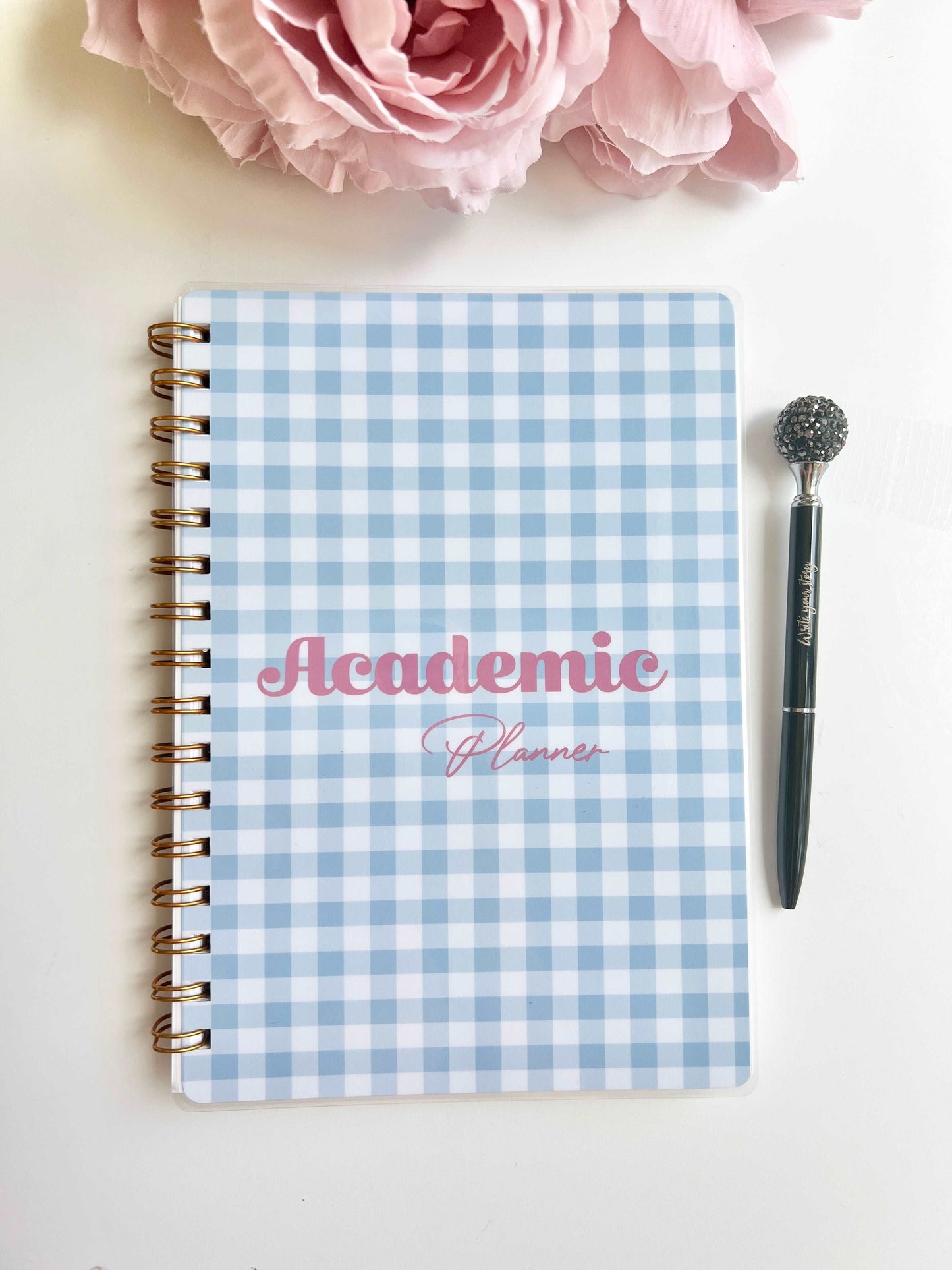 Academic Blue and Pink Gingham Wire-O A5 size Planner