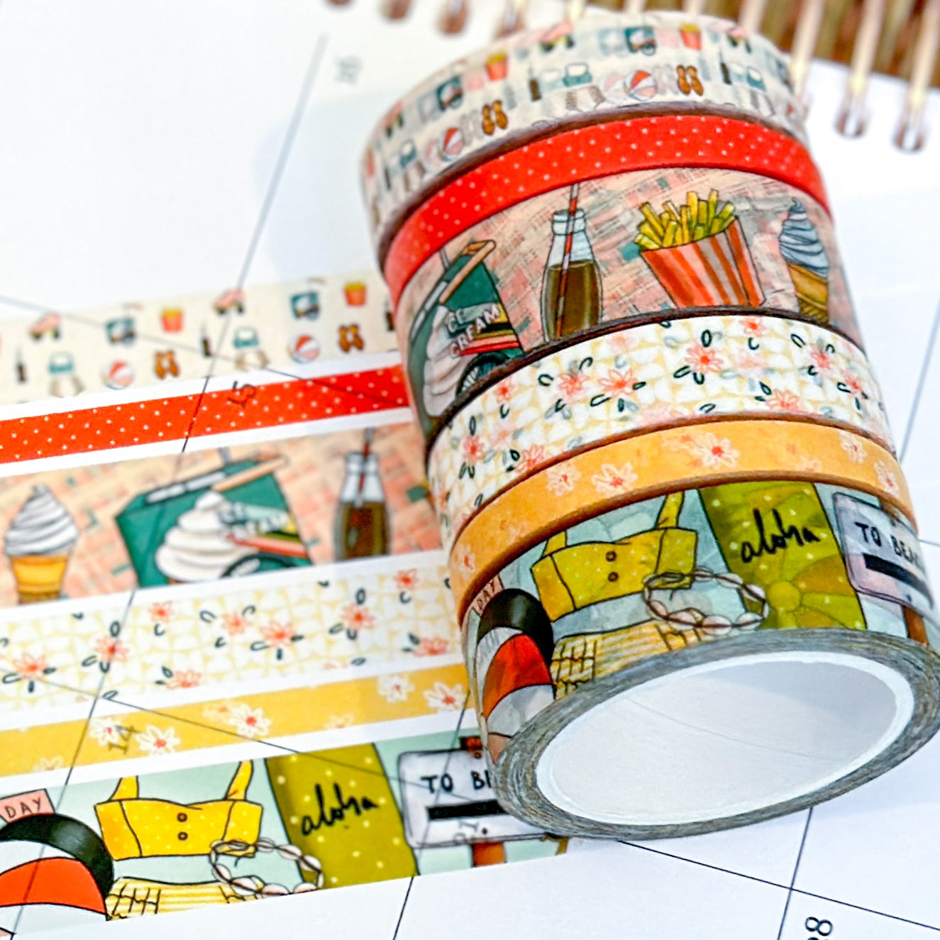 Retro Beach Vacation Florida Hawaii Aloha Vaca French Fries and Ice Cream Washi Tape Set - W089