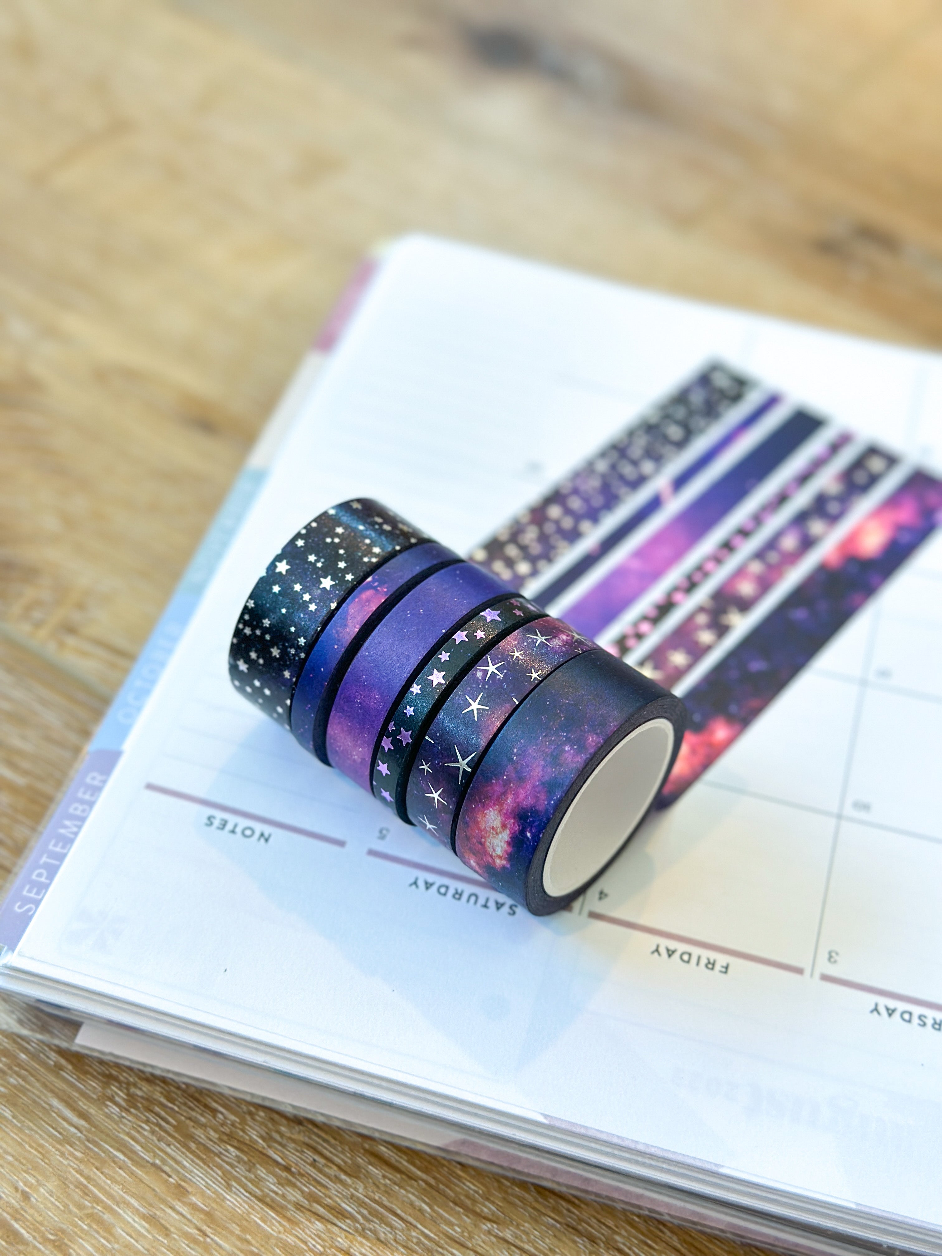 FOILED Galaxy Space Purple & Black Stars Celestial Astrology Washi Tape Set (#W011)