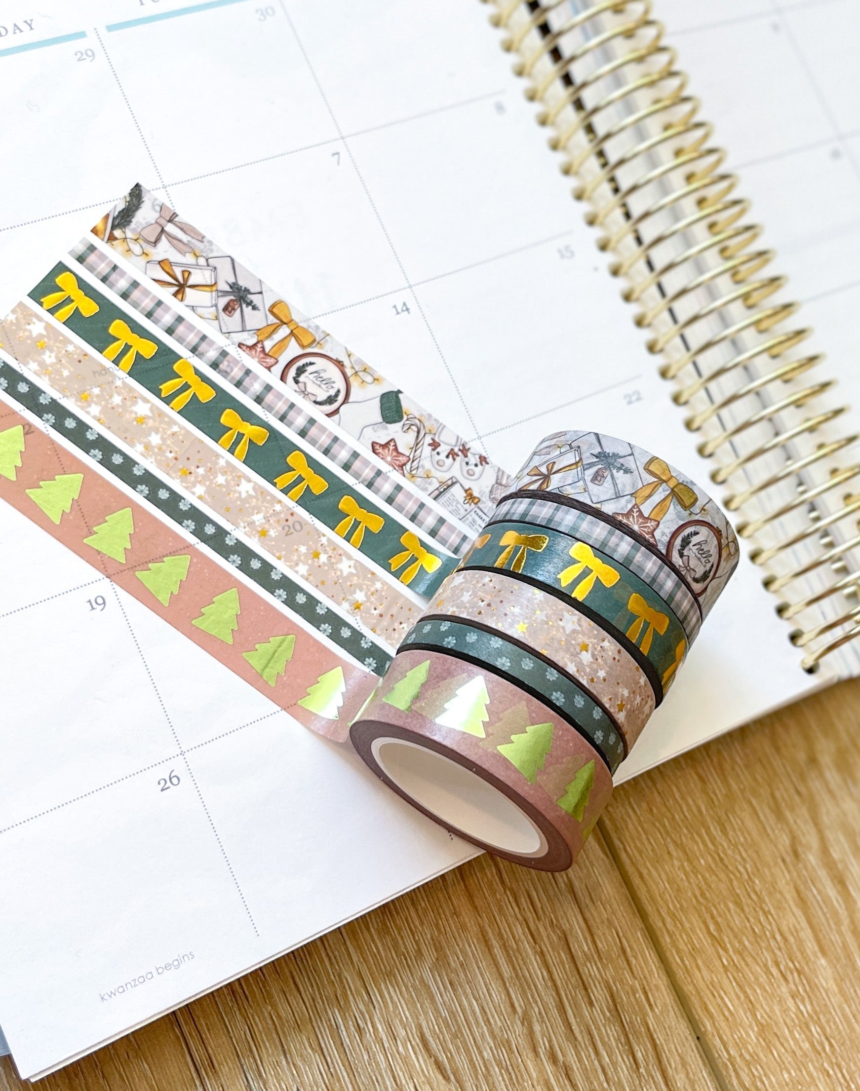 FOILED Christmas Gold & Green Modern Holidays Washi Tape Set (#W072)