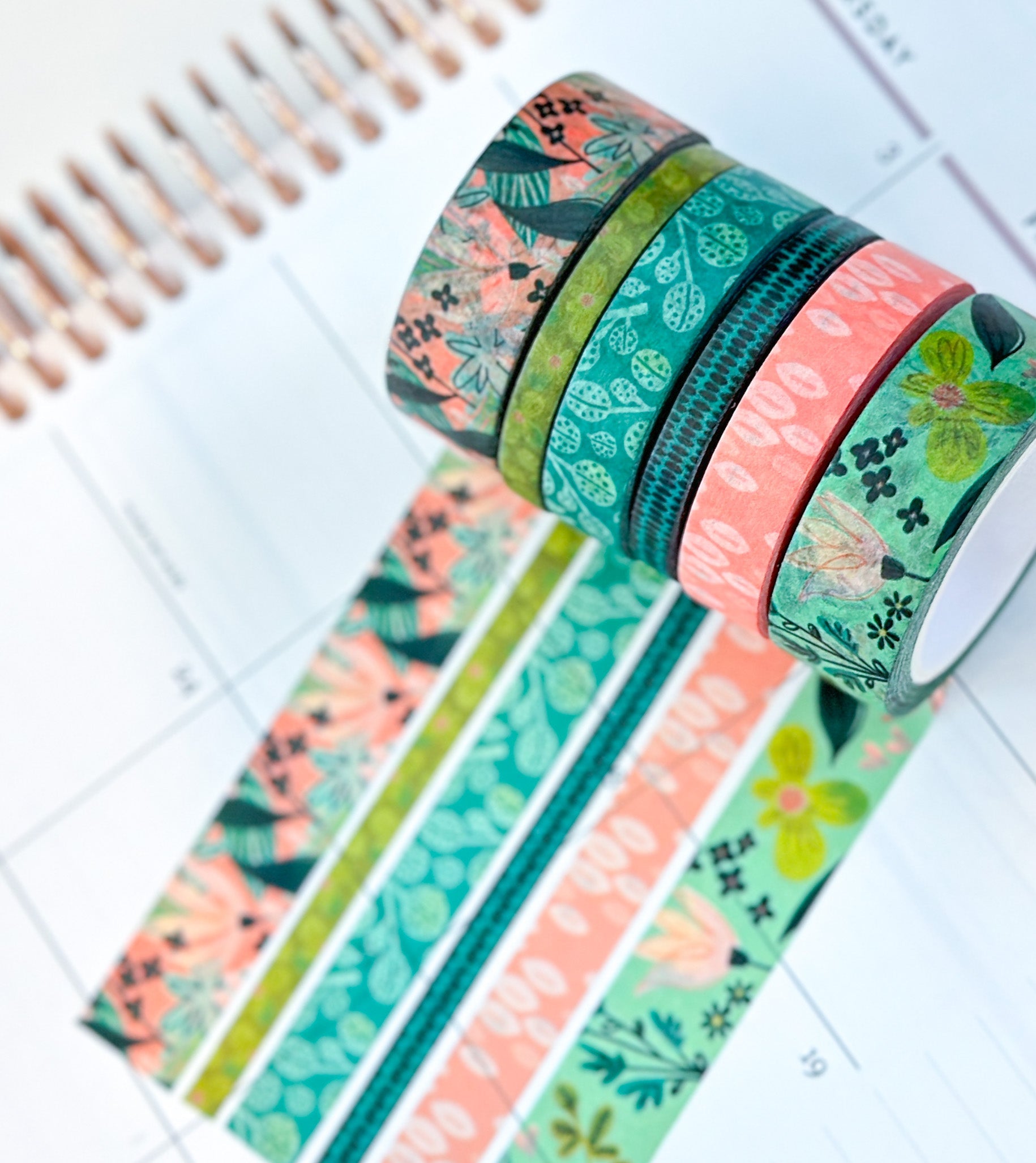 Spring Floral Blue and Green Whimsical Washi Tape Set - W044