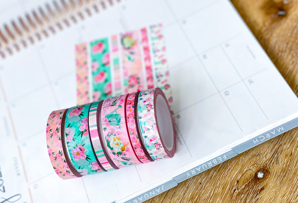 Pink & Teal Flowers Spring & Summer Washi Tape Set (#W058)