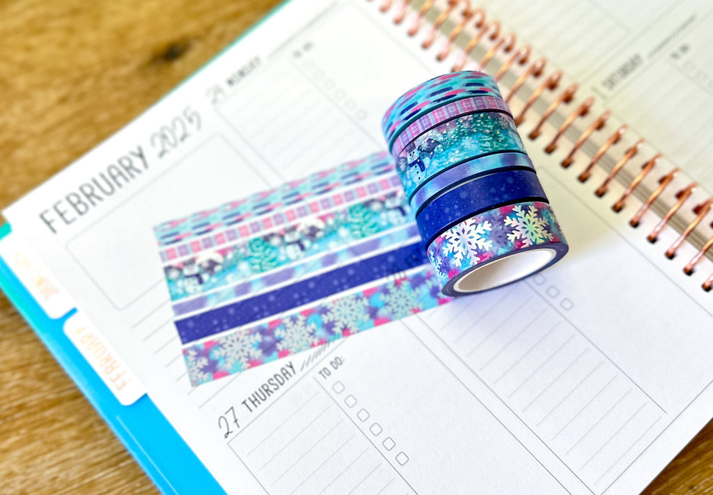 FOILED Silver Snowflakes Snowman Snowmen Snow Pink Purple Blue Washi Tape Set February 2025 - W126