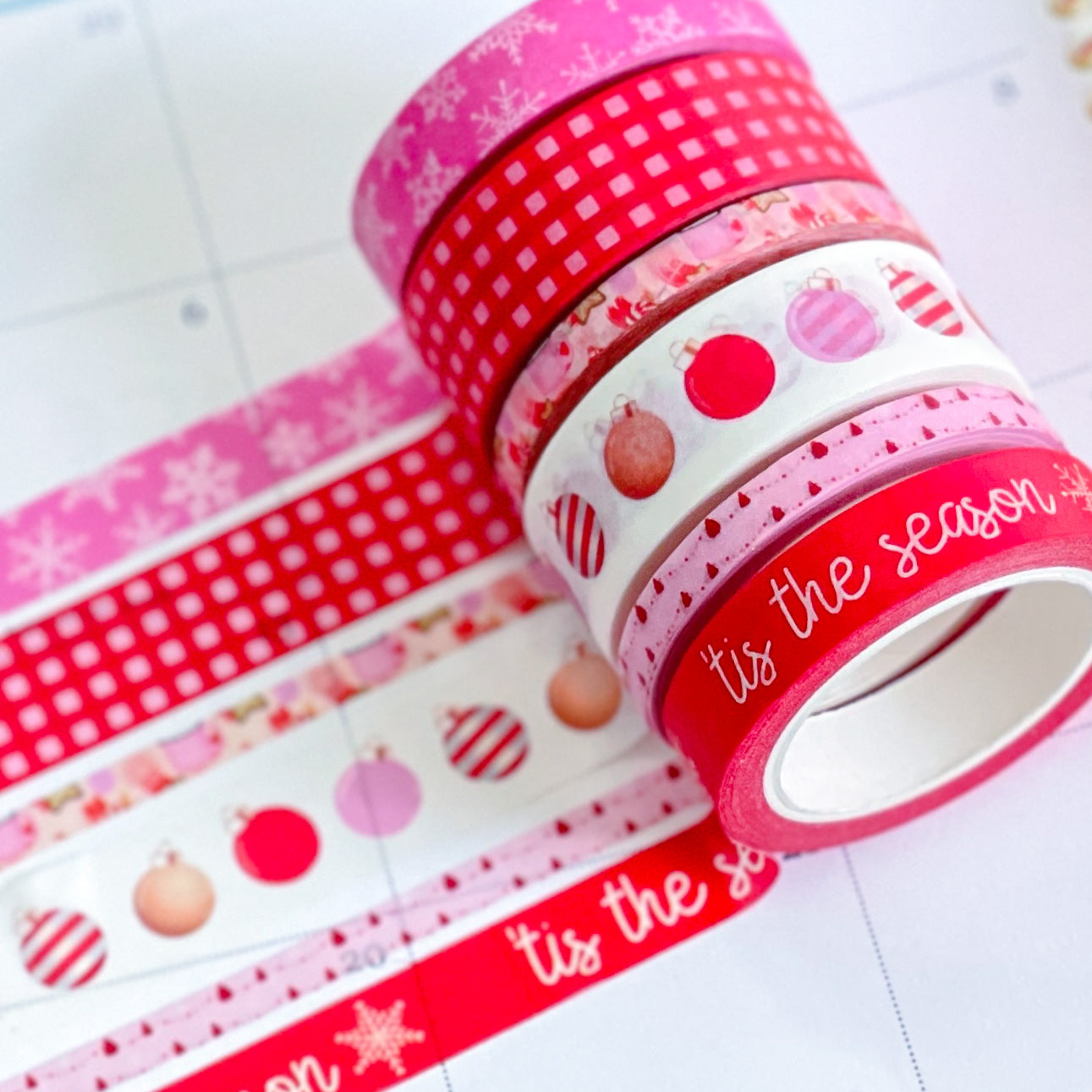 Christmas Tis The Season Pink & Red Snowflakes Holiday Washi Tape Set (#W036)