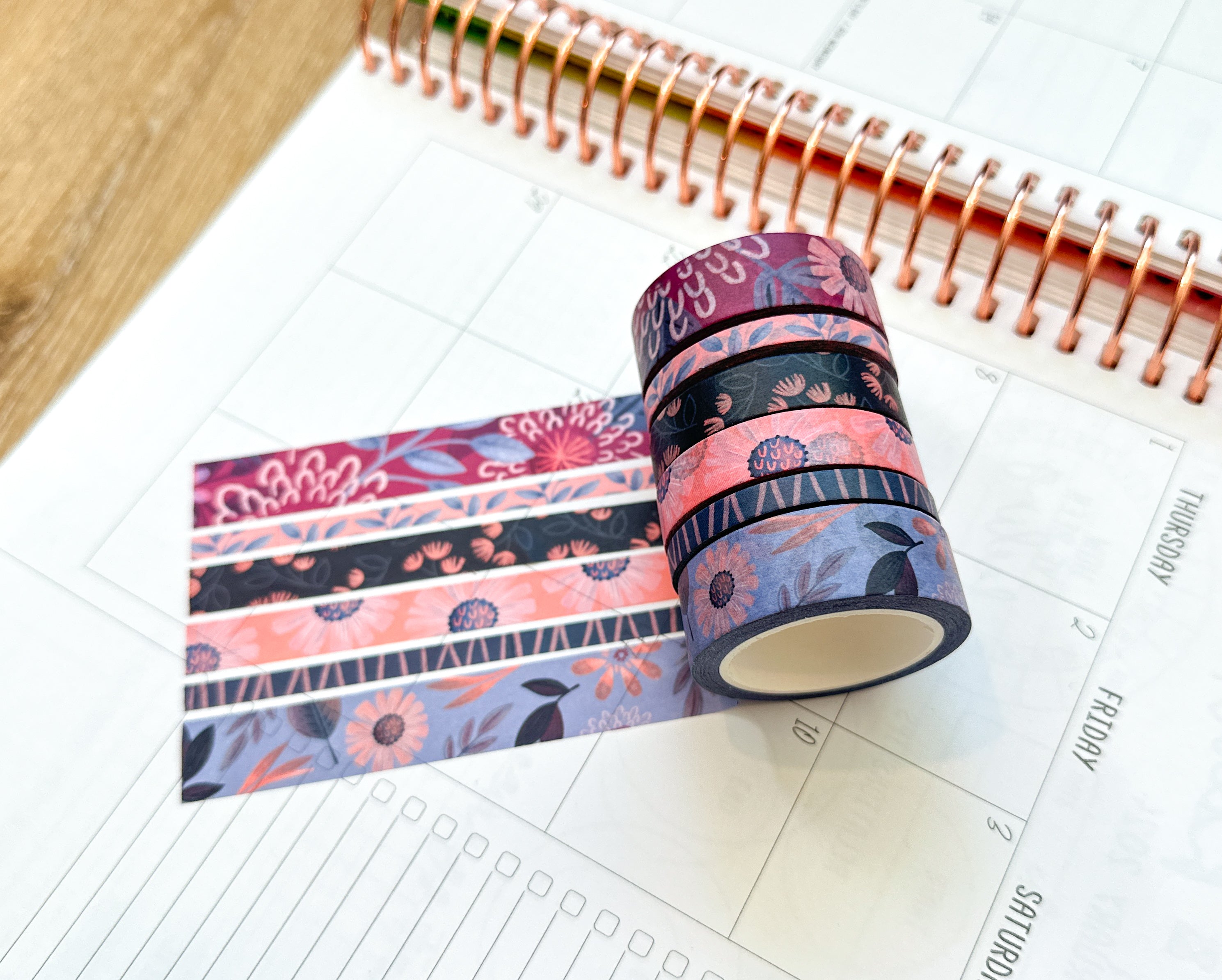 Periwinkle Pink Navy Coral Floral Modern Flowers Washi Tape Set February 2024 - W101