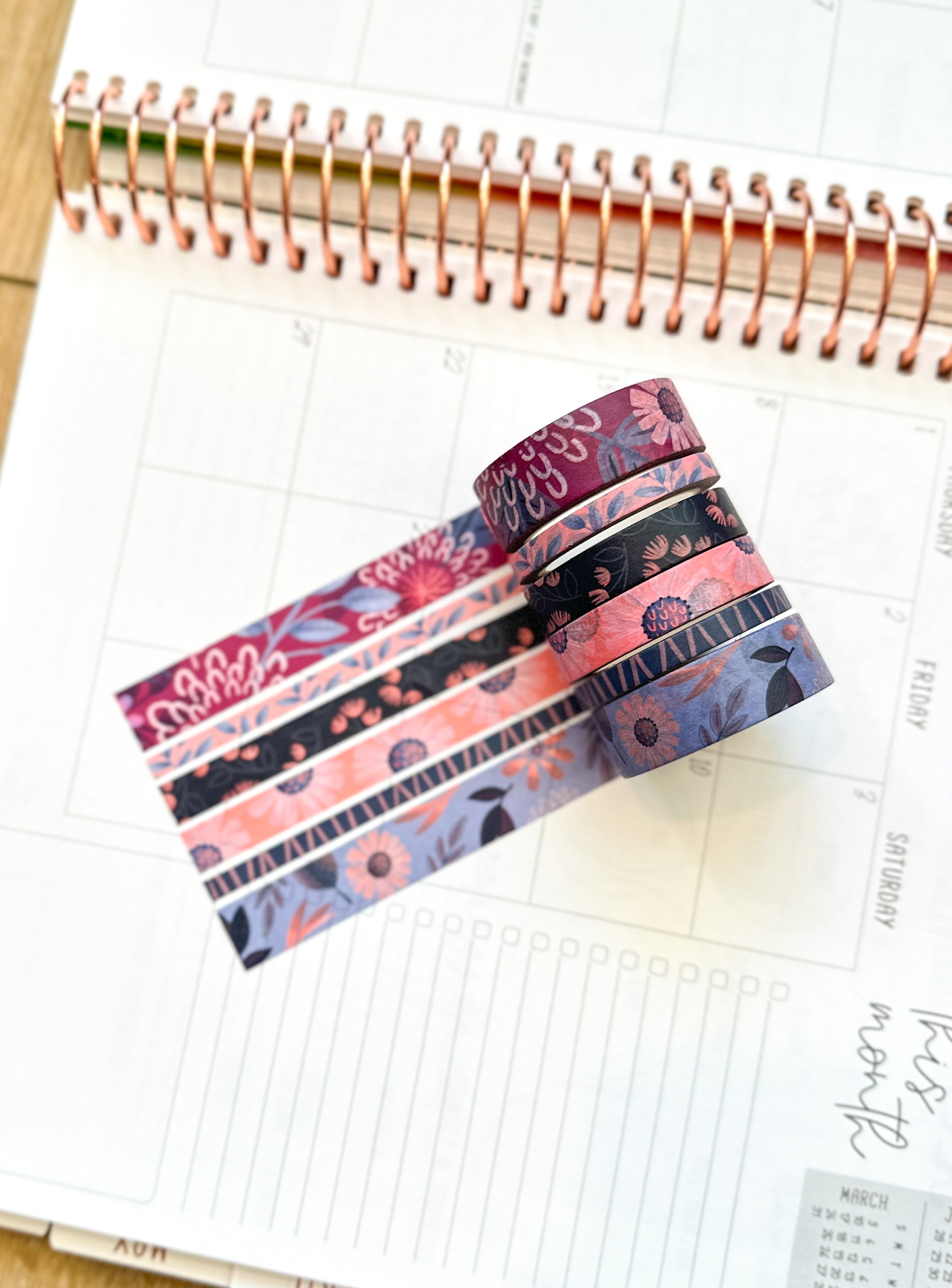 Periwinkle Pink Navy Coral Floral Modern Flowers Washi Tape Set February 2024 - W101