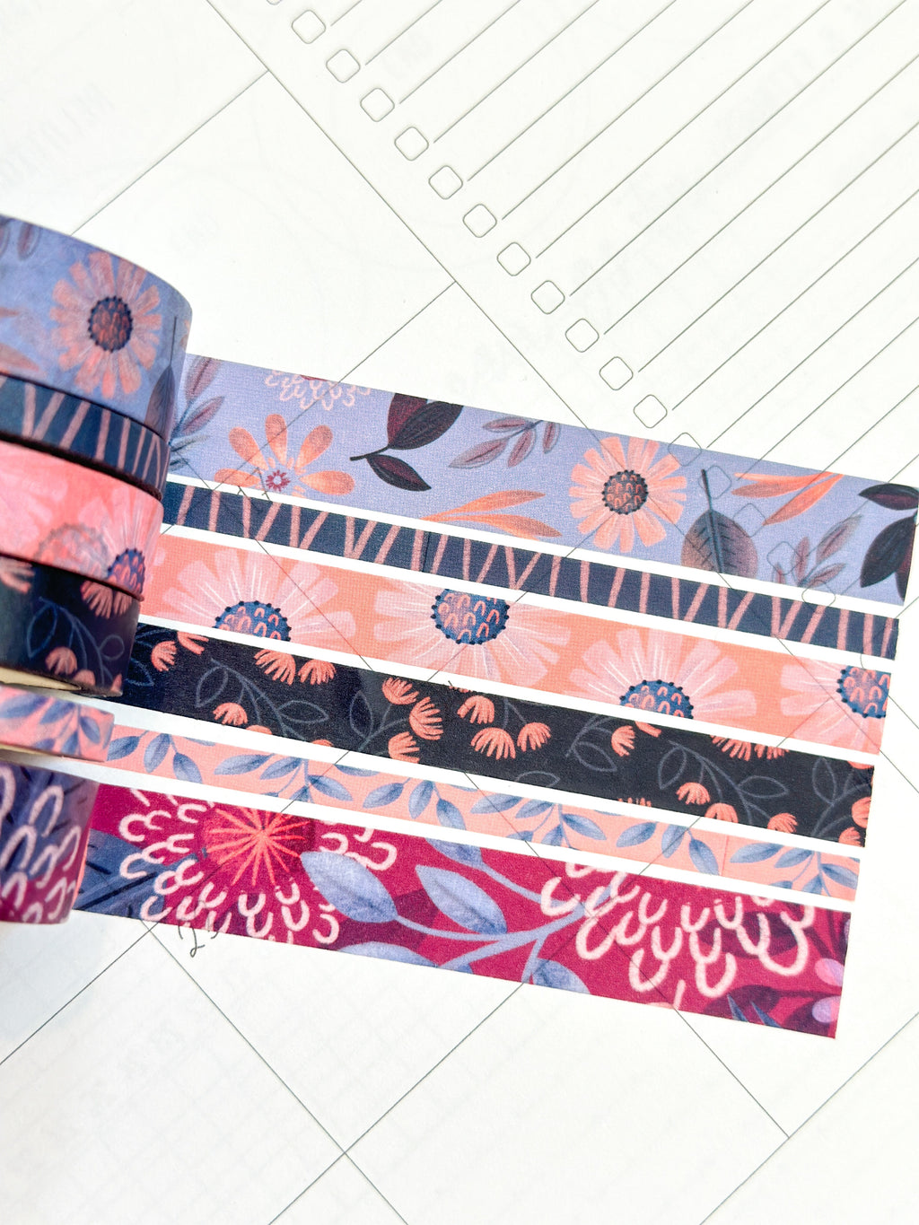 Periwinkle Pink Navy Coral Floral Modern Flowers Washi Tape Set February 2024 - W101