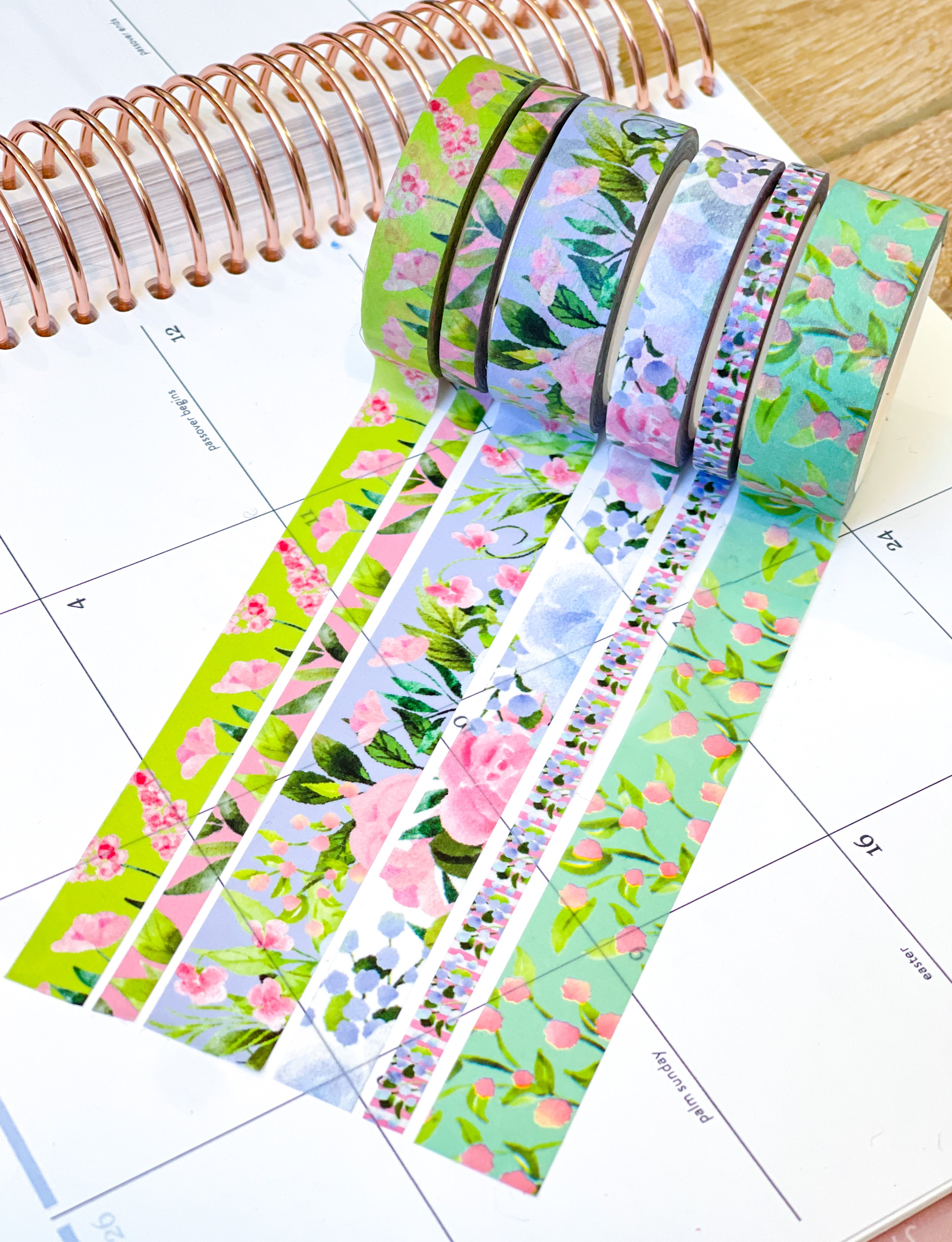 Mint Green Pink Floral Tulips Flowers Spring Washi Tape Set (#W081)