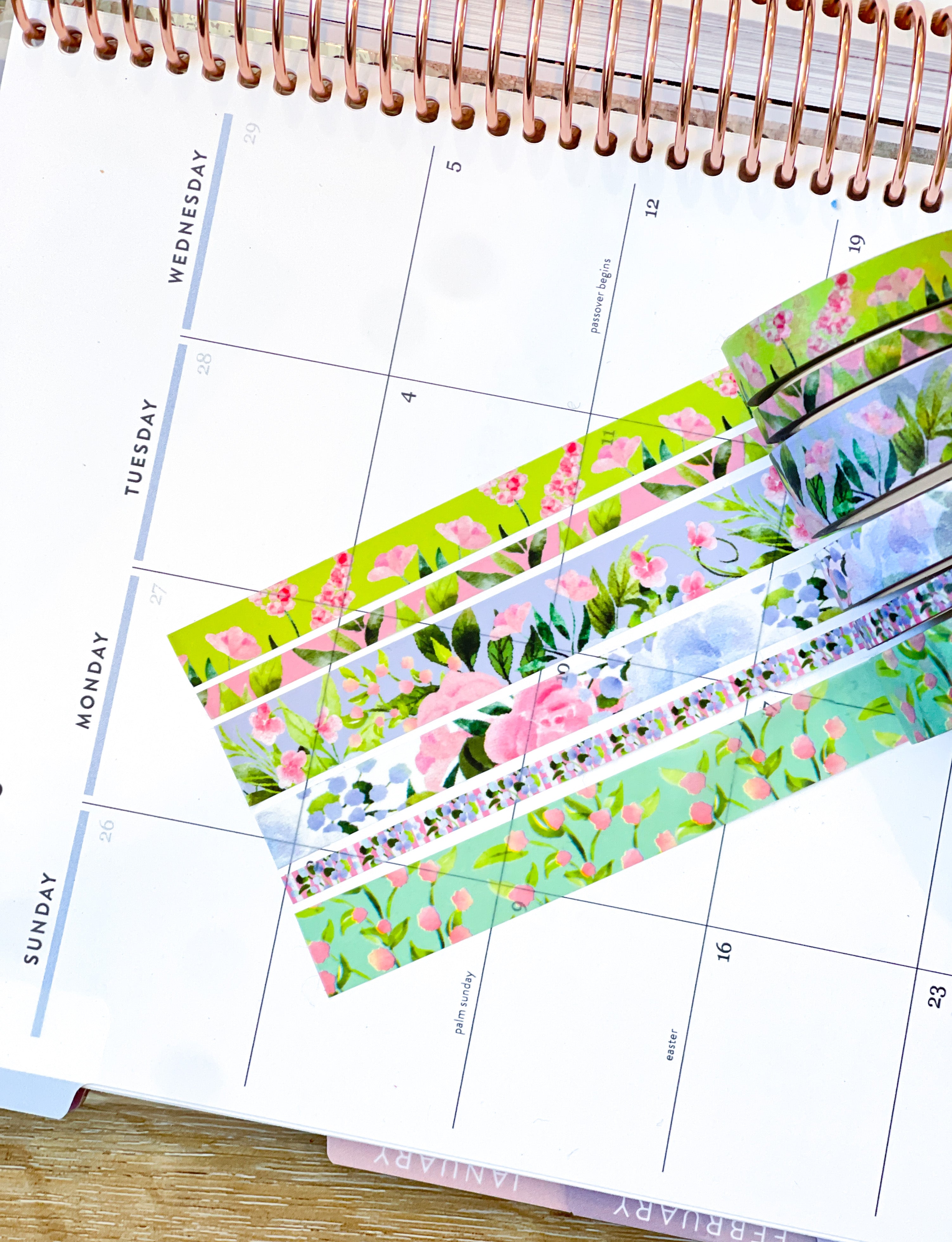 Mint Green Pink Floral Tulips Flowers Spring Washi Tape Set (#W081)