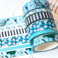 Light Blue Butterflies Navy Stripes Flowers Spring Washi Tape Set (#W082)