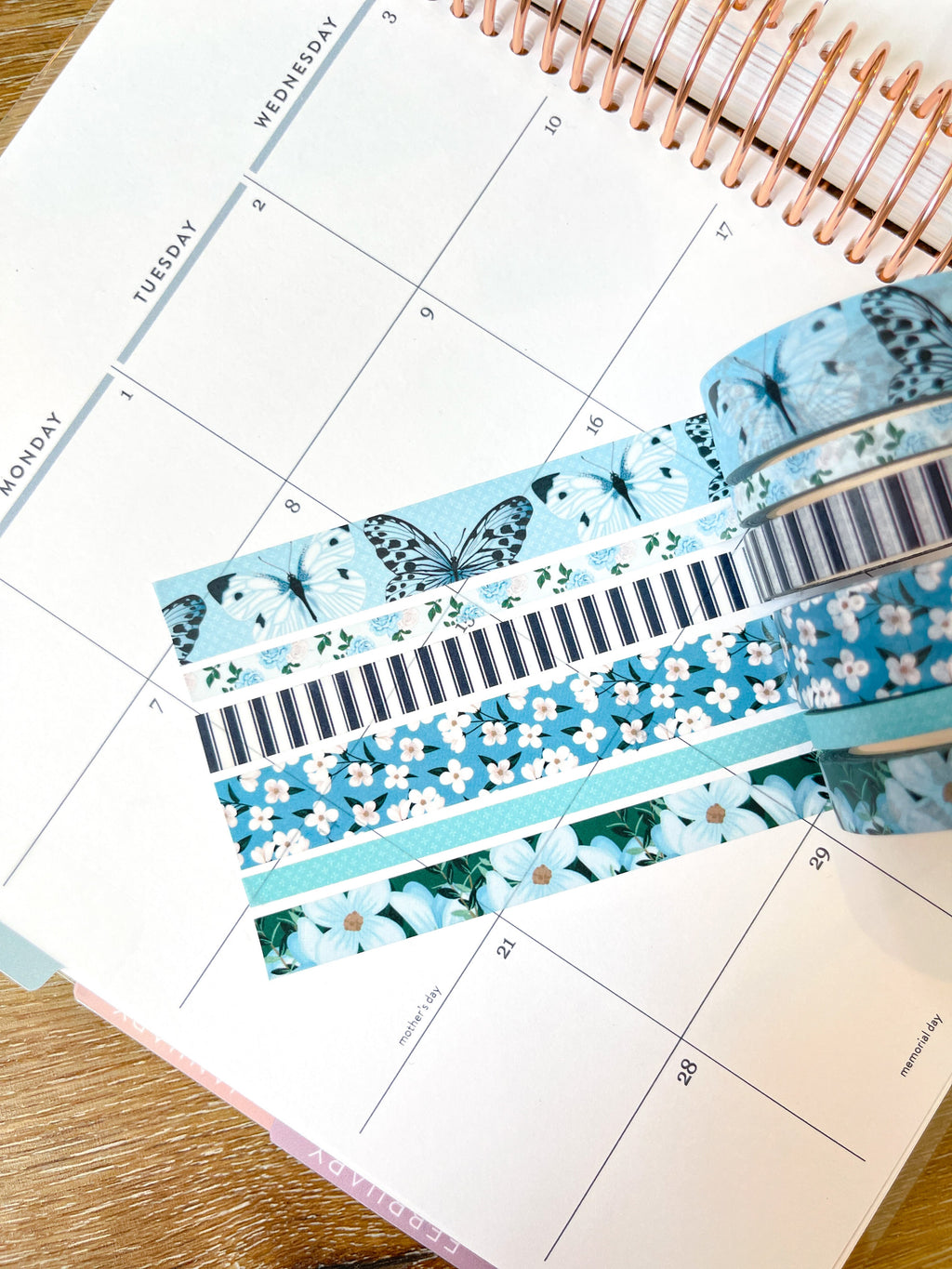 Light Blue Butterflies Navy Stripes Flowers Spring Washi Tape Set (#W082)