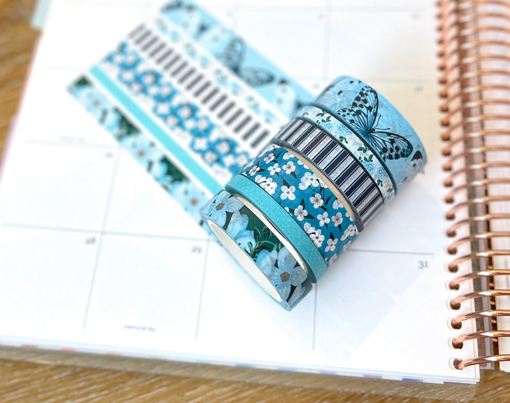 Light Blue Butterflies Navy Stripes Flowers Spring Washi Tape Set (#W082)