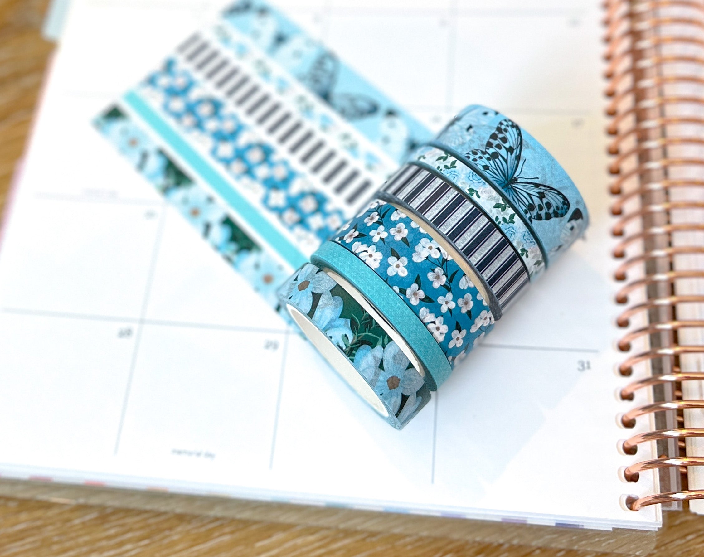 Light Blue Butterflies Navy Stripes Flowers Spring Washi Tape Set (#W082)