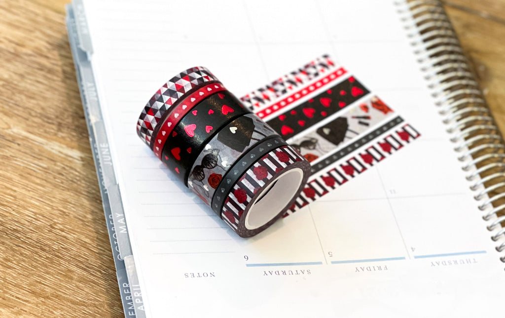 FOILED Valentine's Romantic Red & Black Hearts Bachelorette Washi Tape Set (#W050)