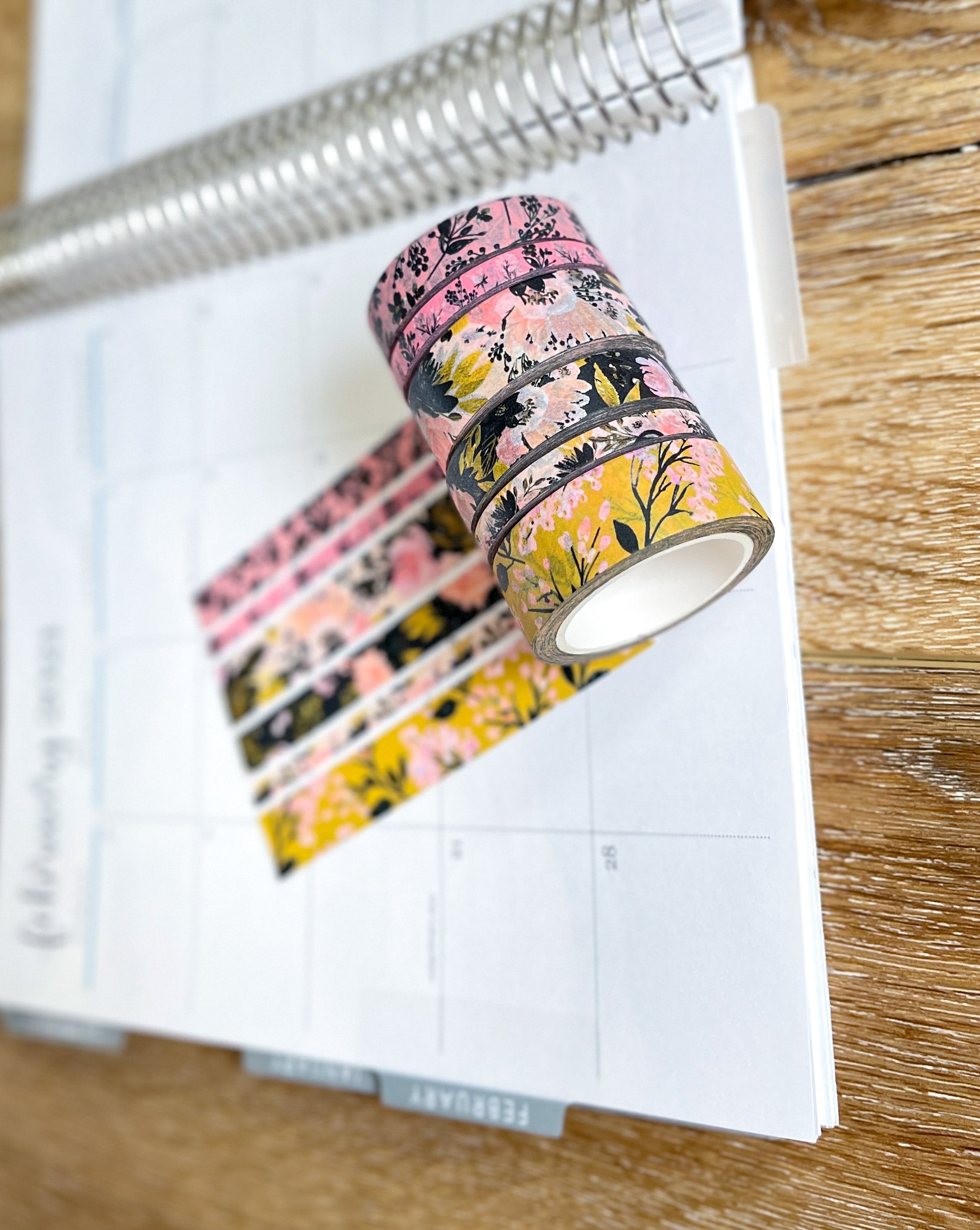 Black Pink & Gold Spring Floral Washi Tape Set (#W077)