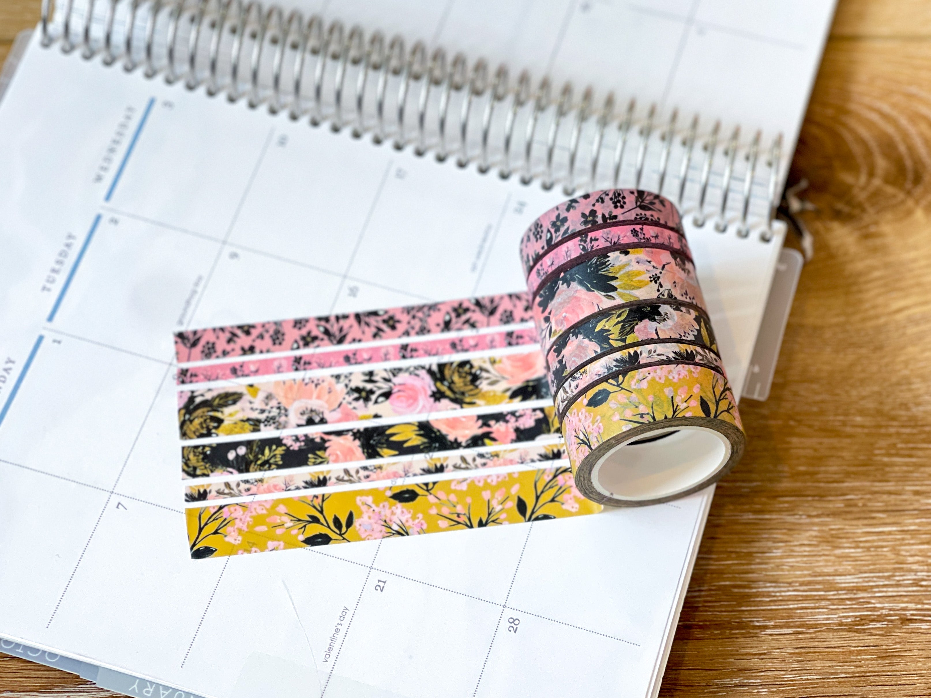 Black Pink & Gold Spring Floral Washi Tape Set (#W077)