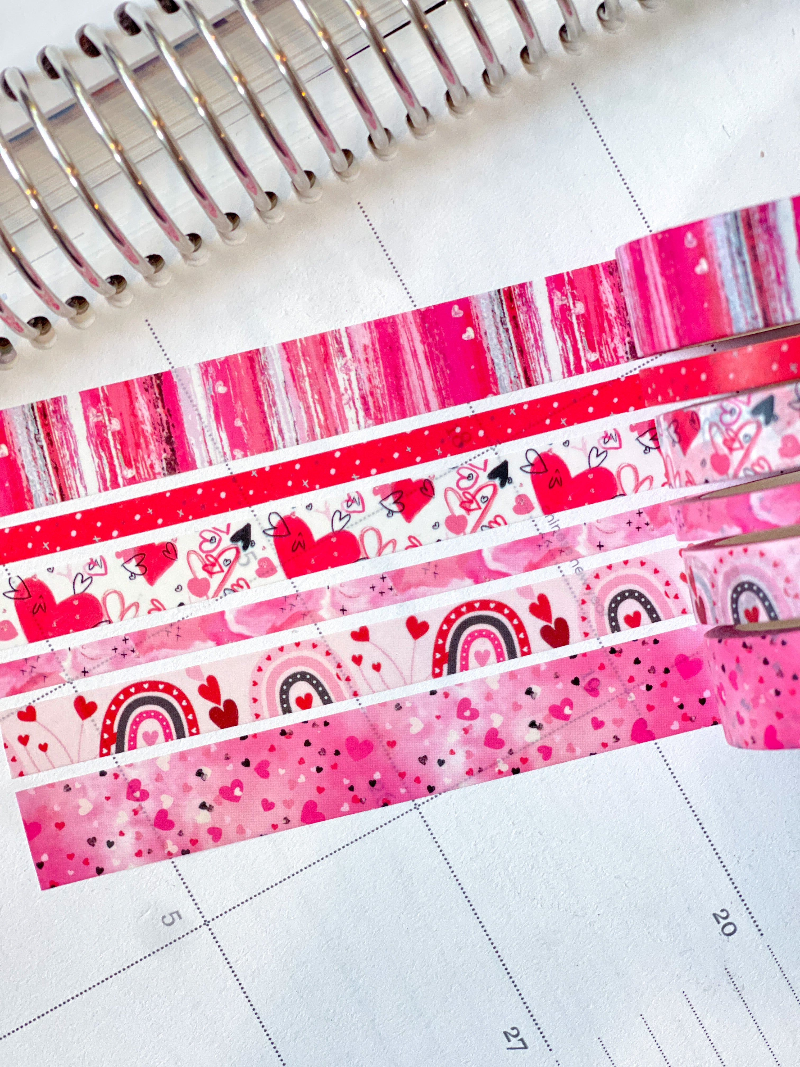 Valentine's Red & Pink Herts Boho Stripes Watercolor Washi Tape Set (#W076)