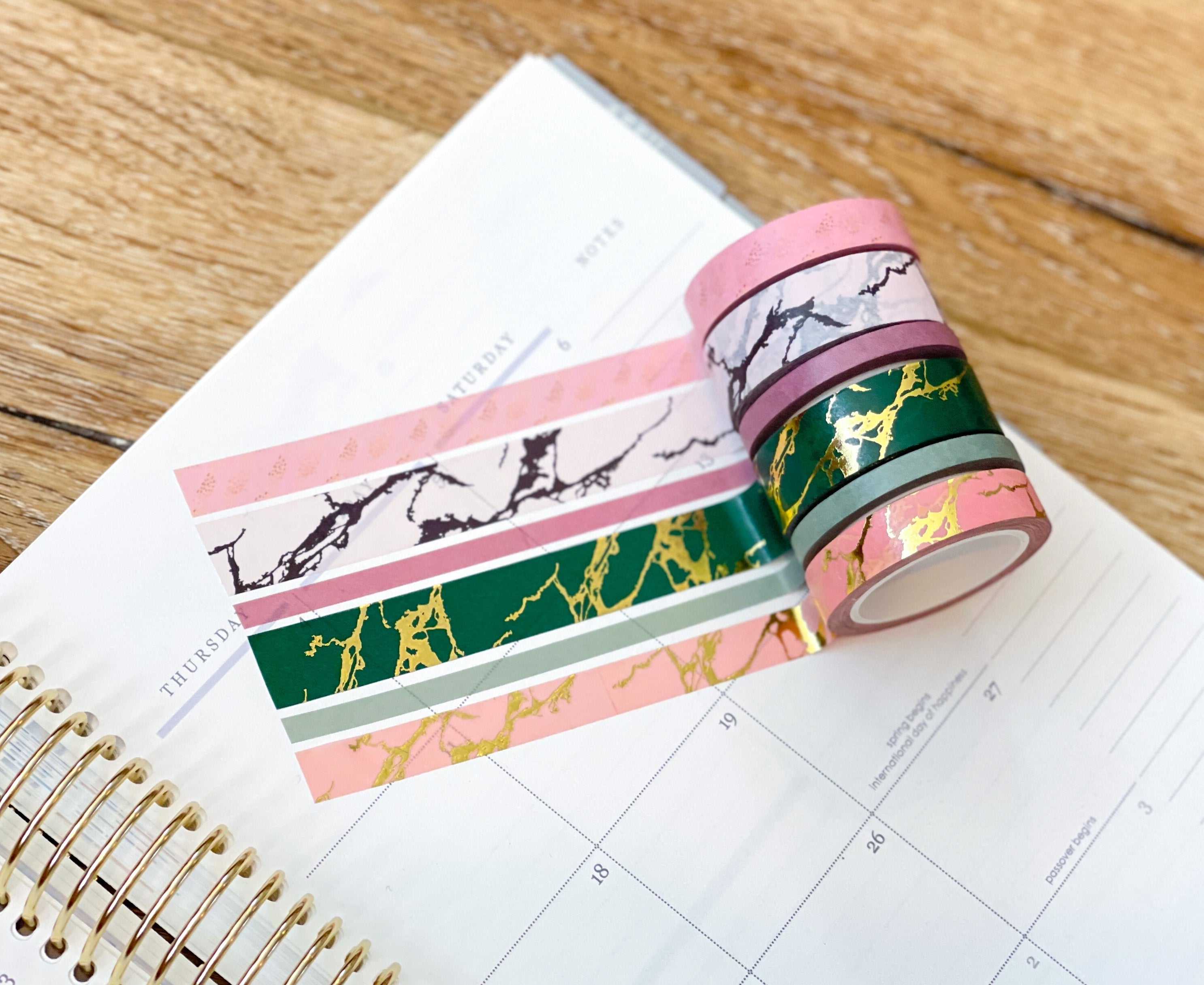 FOILED Marble Gold Green & Pink Modern Spring Minimalist Washi Tape Set (#W053)