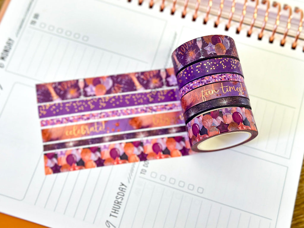 FOILED Celebrate NYE Anniversary Rose Gold Celebration Party Washi Tape Set January 2025 - W124