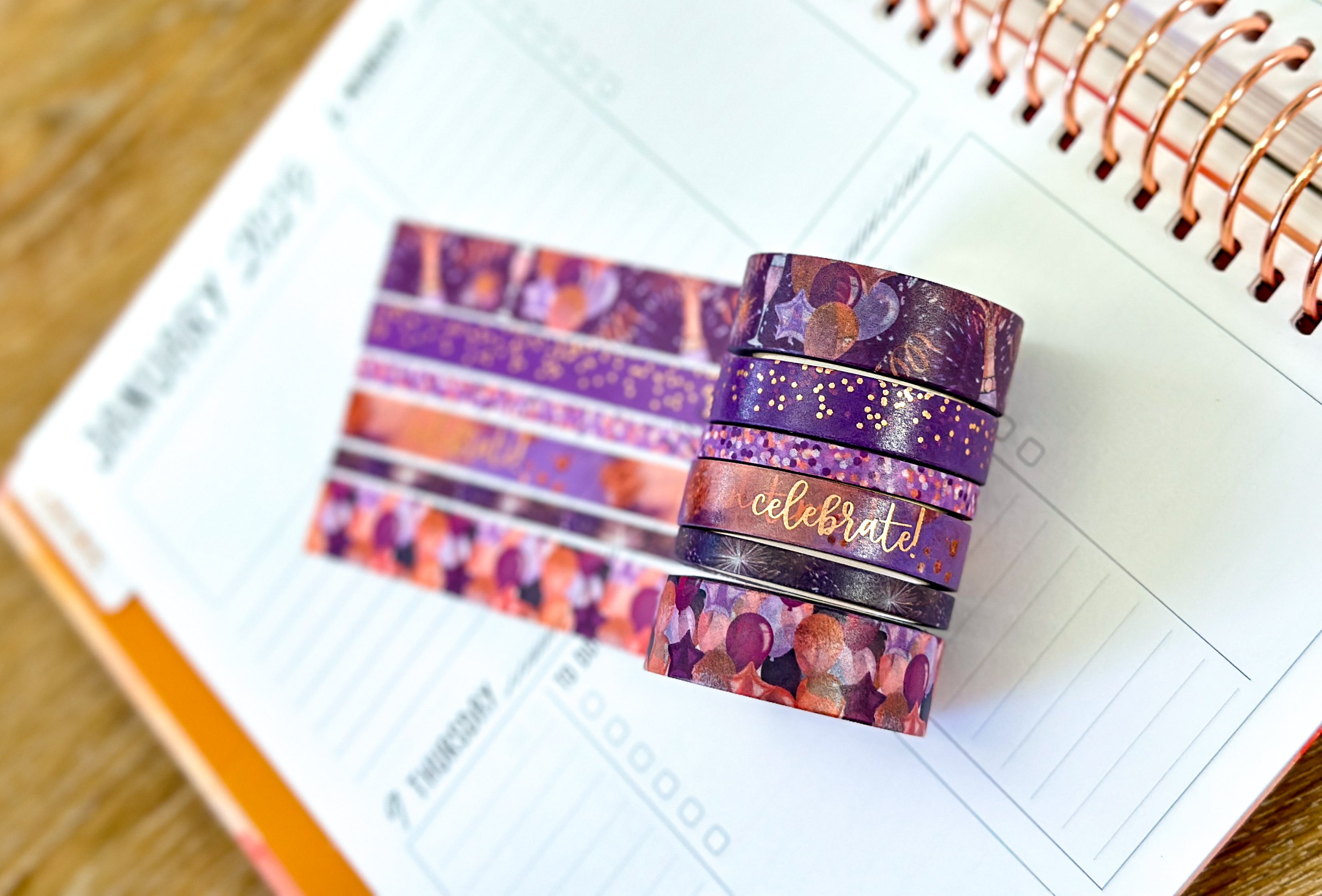 FOILED Celebrate NYE Anniversary Rose Gold Celebration Party Washi Tape Set January 2025 - W124