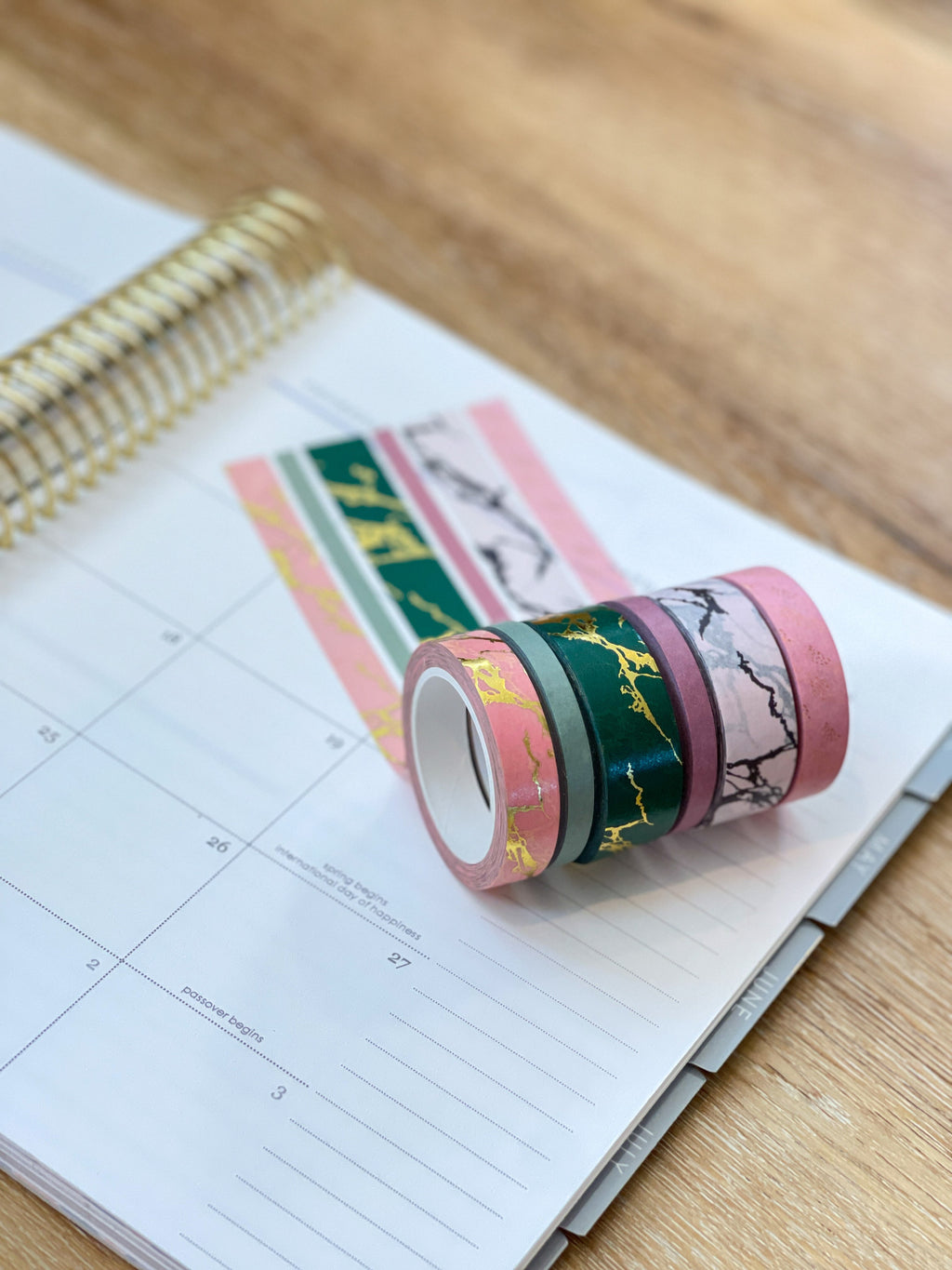 FOILED Marble Gold Green & Pink Modern Spring Minimalist Washi Tape Set (#W053)