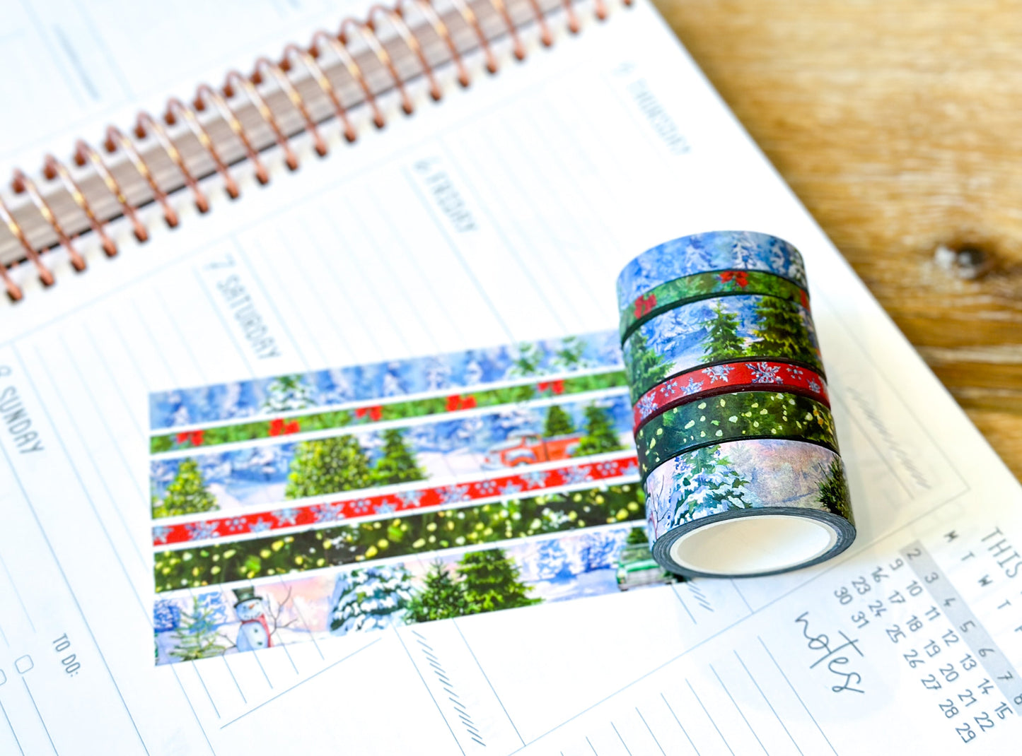 Winter Christmas Snowy Trees Forest Red Truck Snow Covered Washi Tape Set December 2023 - W097