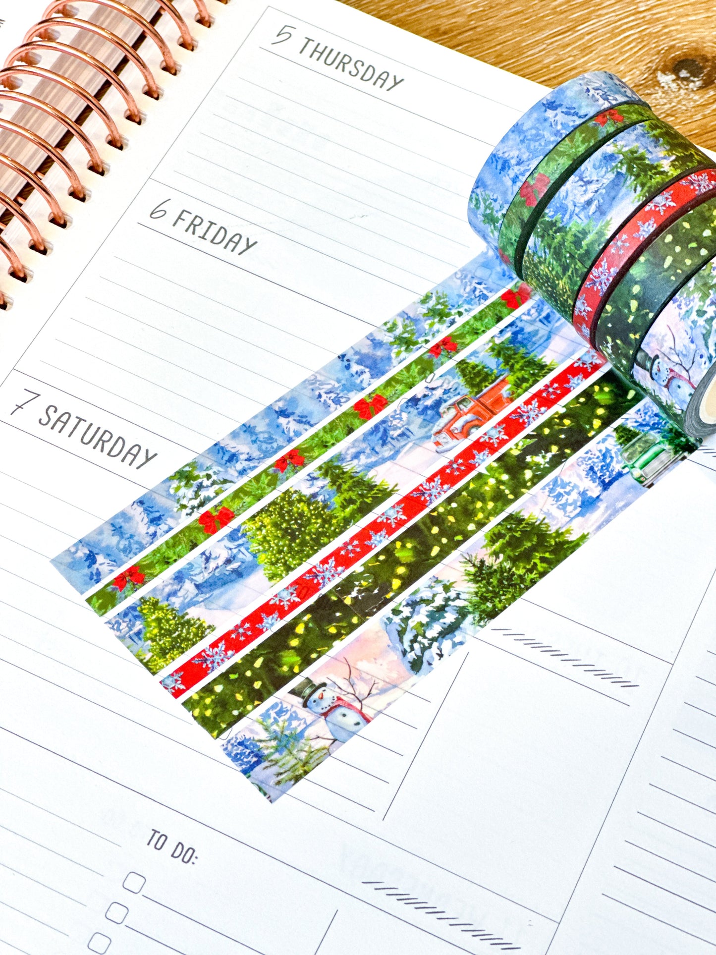 Winter Christmas Snowy Trees Forest Red Truck Snow Covered Washi Tape Set December 2023 - W097