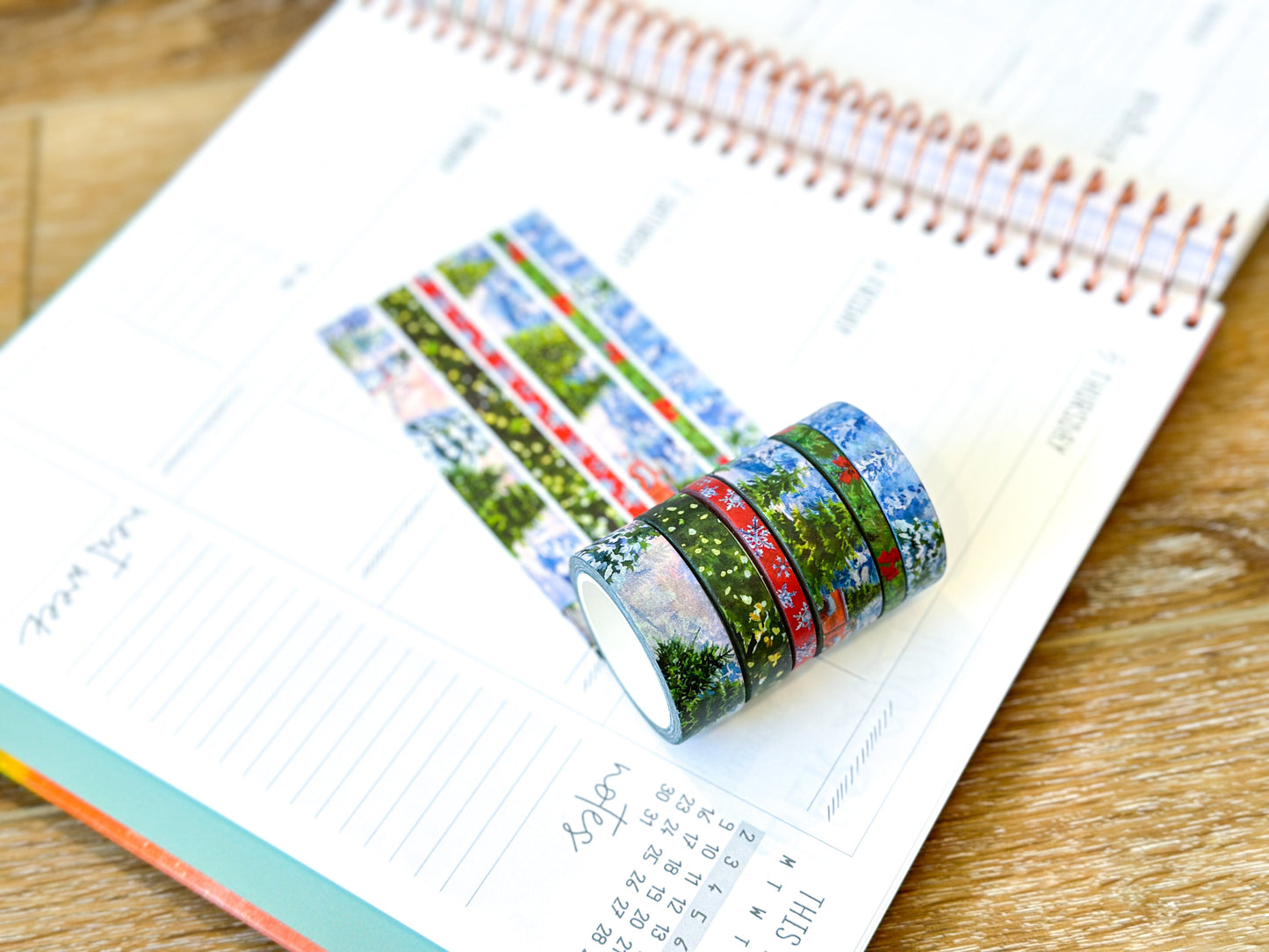 Winter Christmas Snowy Trees Forest Red Truck Snow Covered Washi Tape Set December 2023 - W097