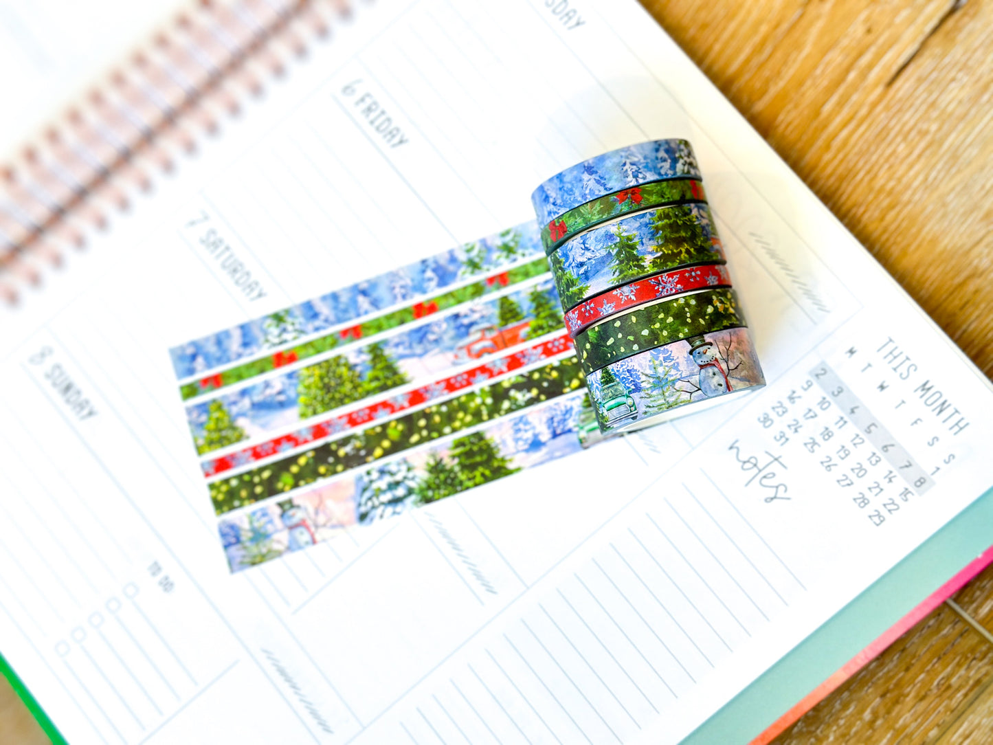 Winter Christmas Snowy Trees Forest Red Truck Snow Covered Washi Tape Set December 2023 - W097