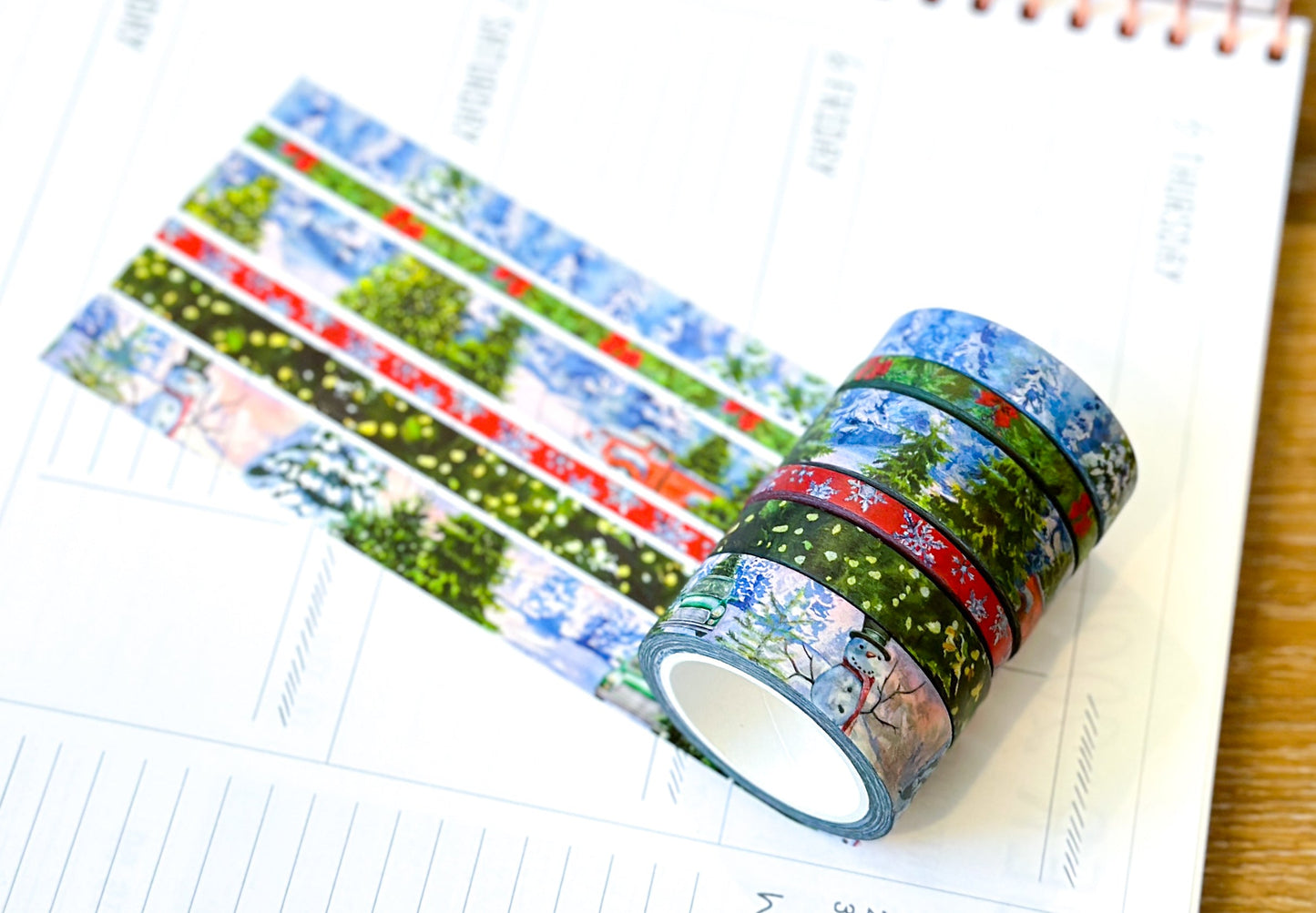 Winter Christmas Snowy Trees Forest Red Truck Snow Covered Washi Tape Set December 2023 - W097