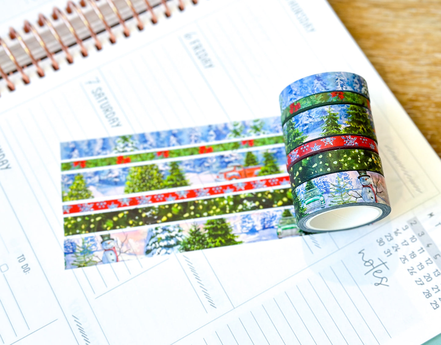 Winter Christmas Snowy Trees Forest Red Truck Snow Covered Washi Tape Set December 2023 - W097