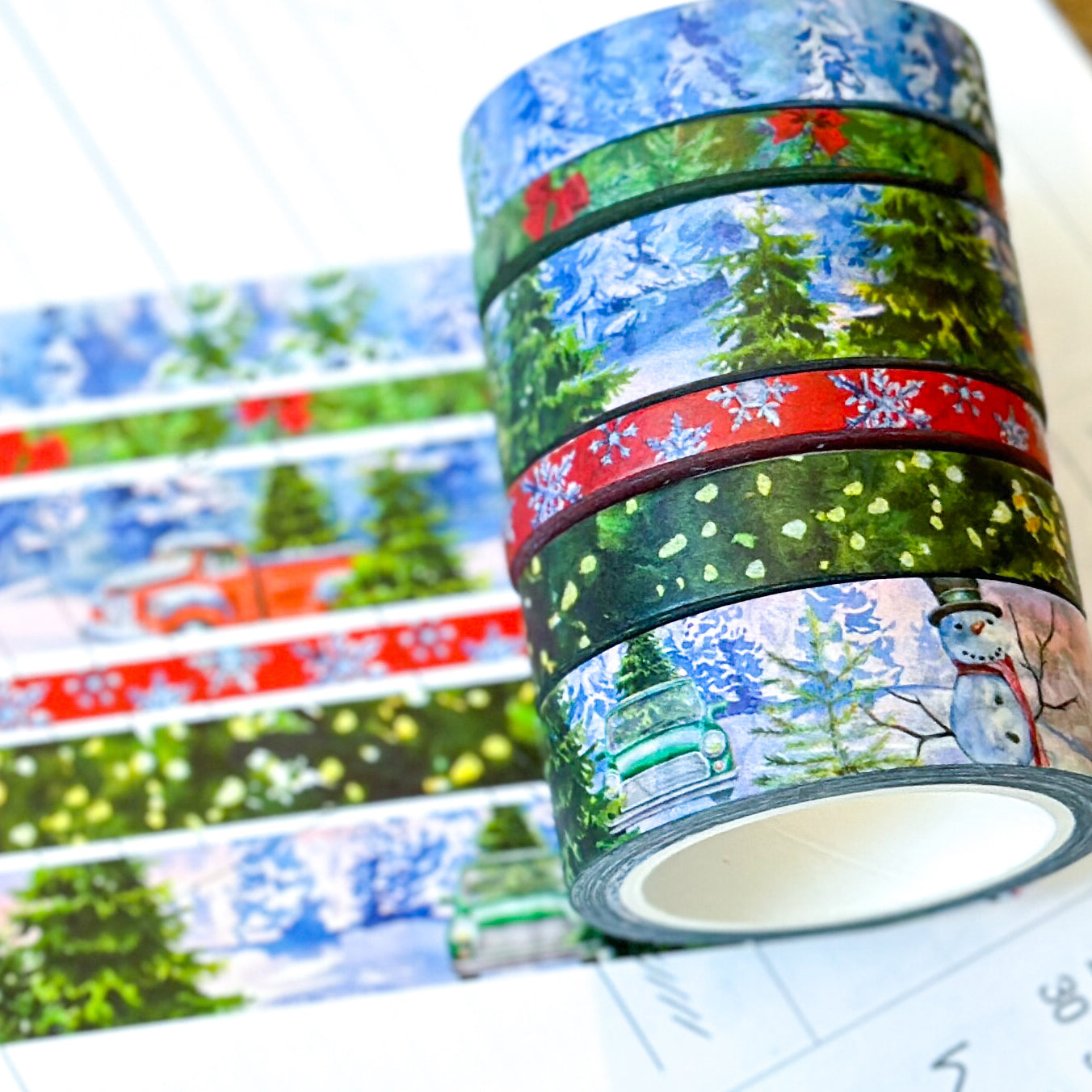 Winter Christmas Snowy Trees Forest Red Truck Snow Covered Washi Tape Set December 2023 - W097