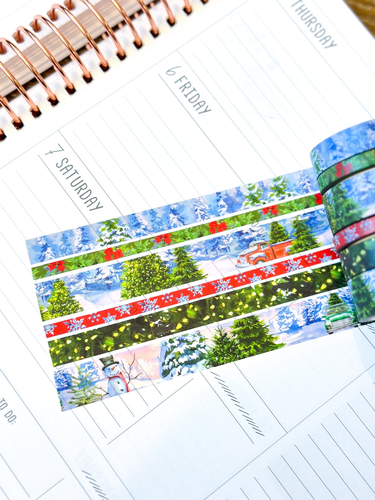 Winter Christmas Snowy Trees Forest Red Truck Snow Covered Washi Tape Set December 2023 - W097