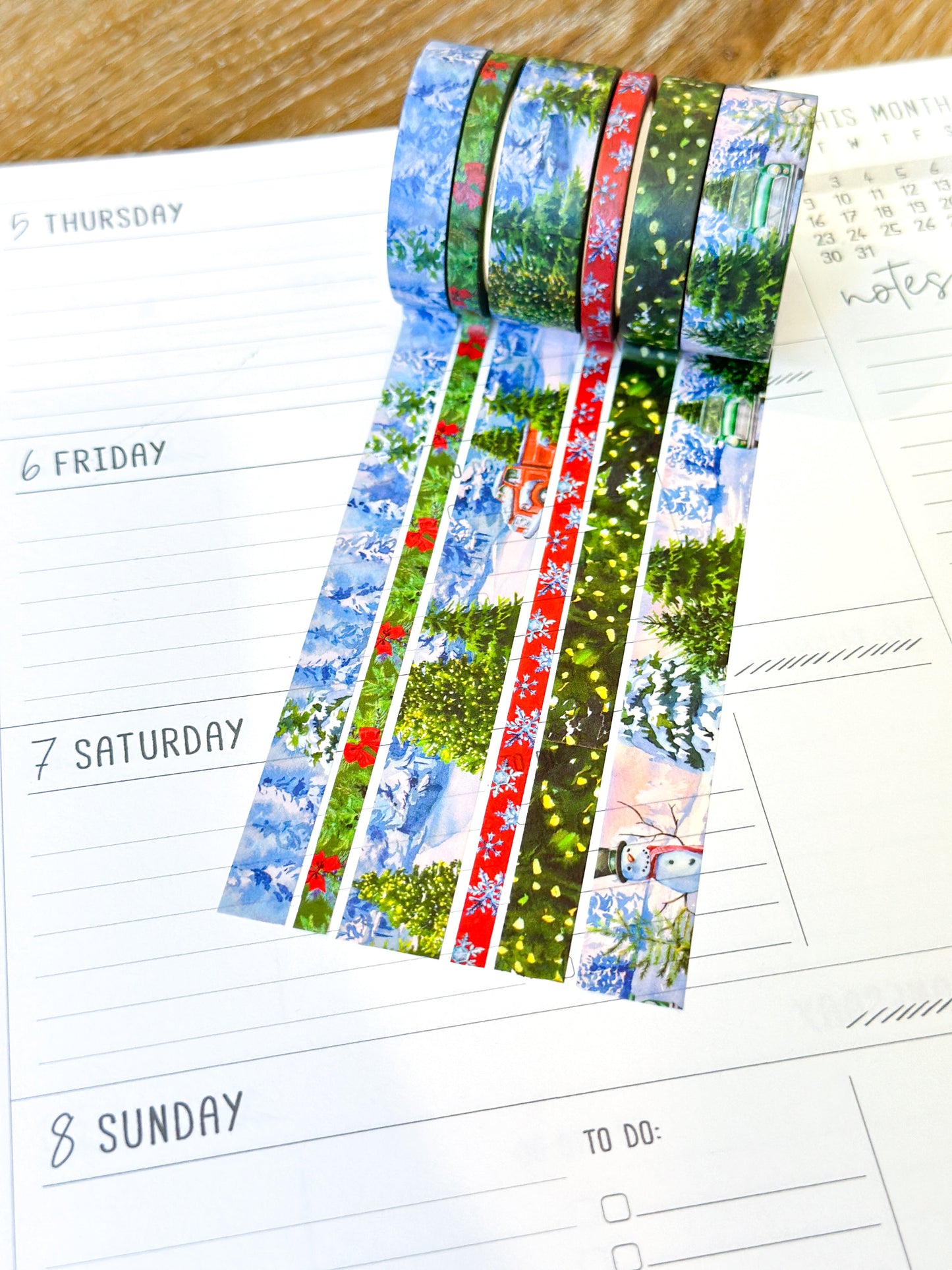 Winter Christmas Snowy Trees Forest Red Truck Snow Covered Washi Tape Set December 2023 - W097